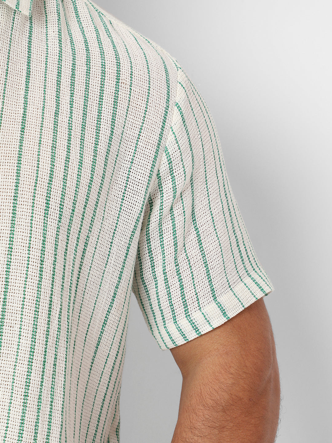 White & Green Unbalanced Striped Woven Shirt