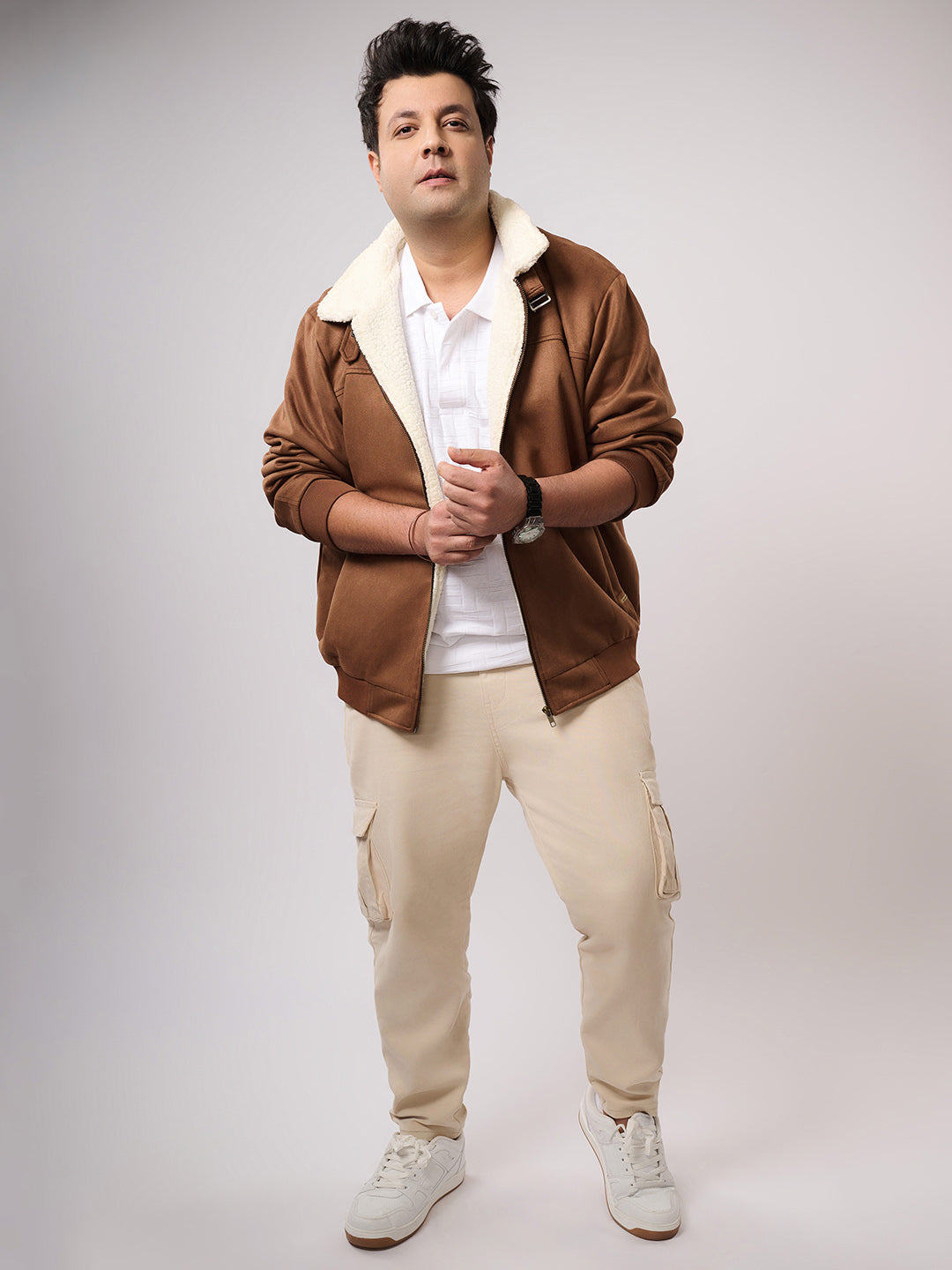 Brown Zip-Front Jacket With Fleece Detail