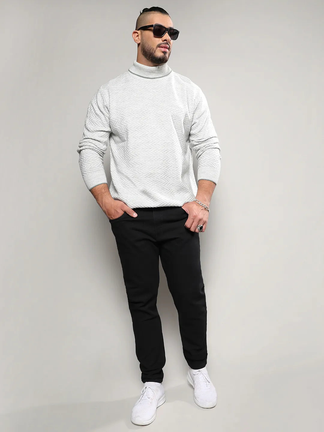 Beige Herringbone Knitted Pullover Sweater