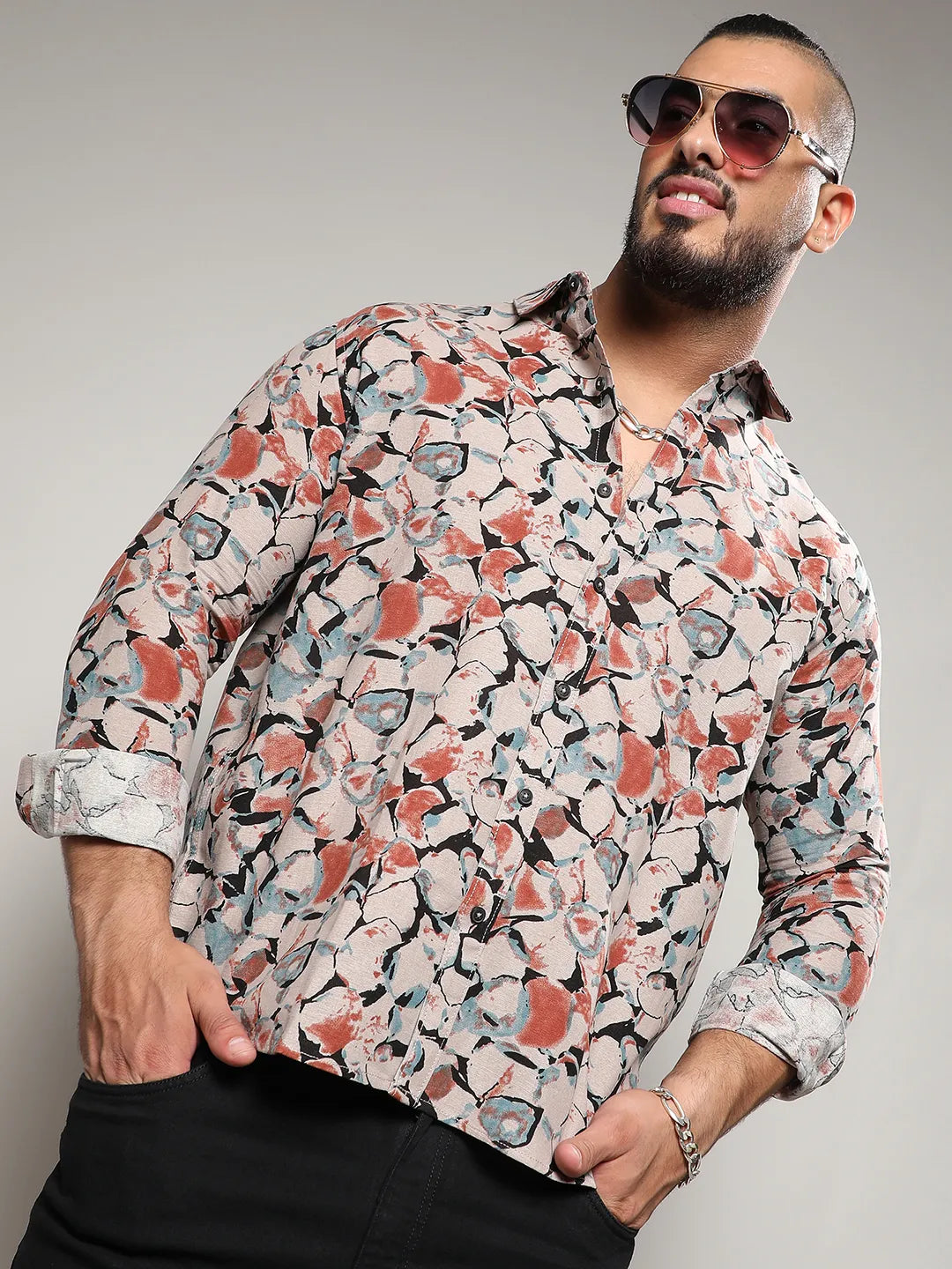 Beige & Brown Artistic Floral Cluster Shirt