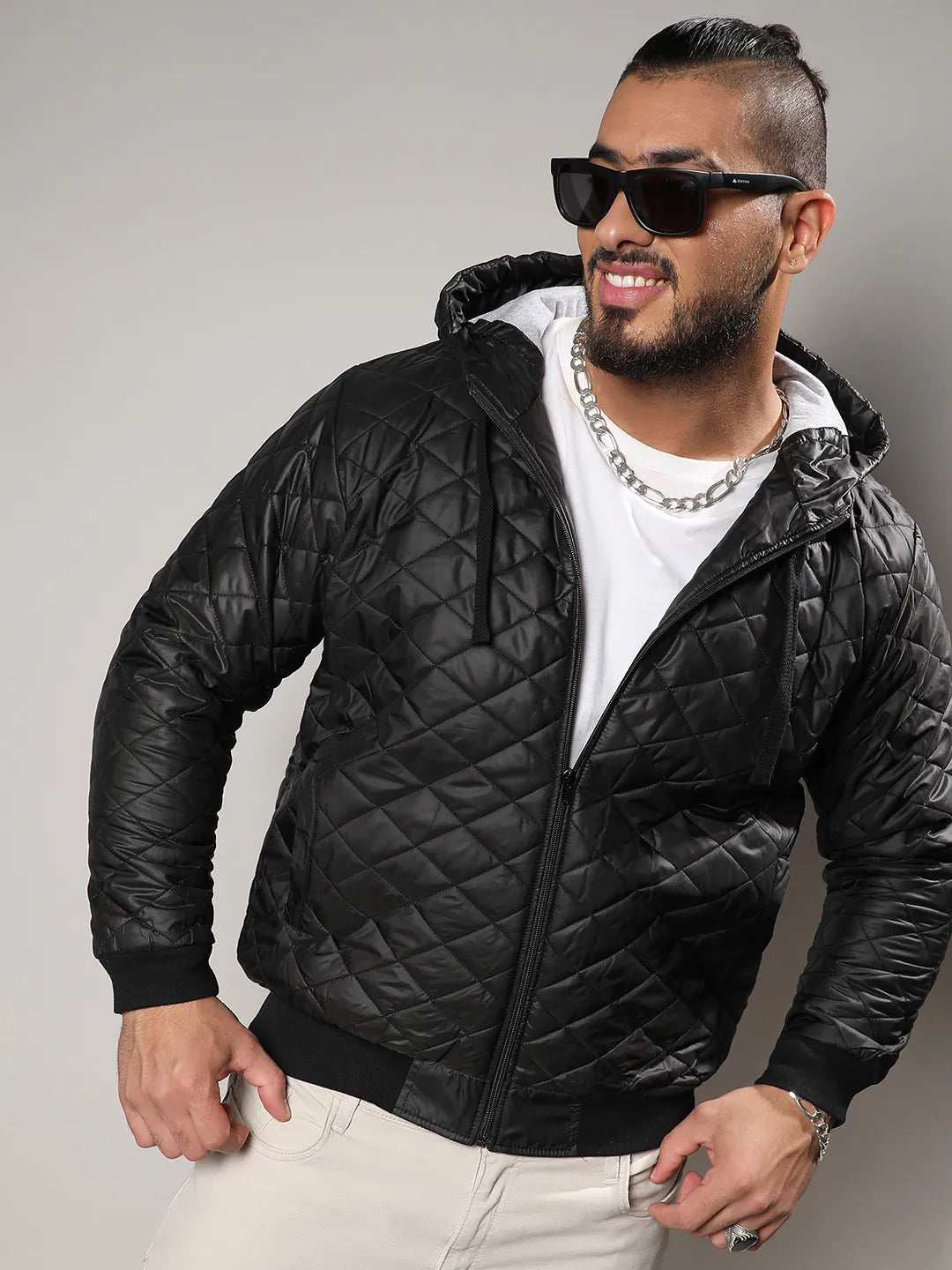 Black Quilted Puffer Jacket With Ribbed Hem