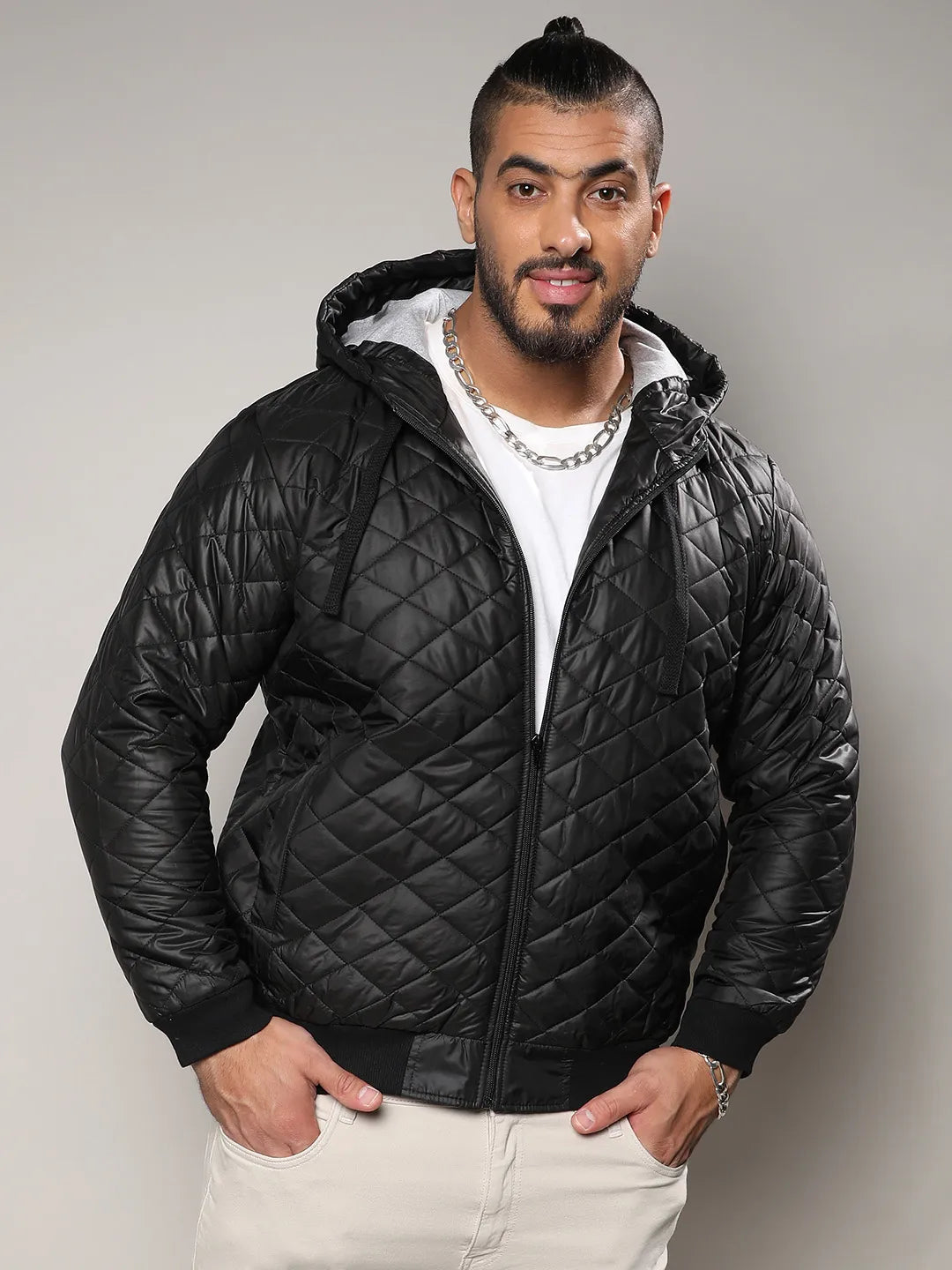 Black Quilted Puffer Jacket With Ribbed Hem