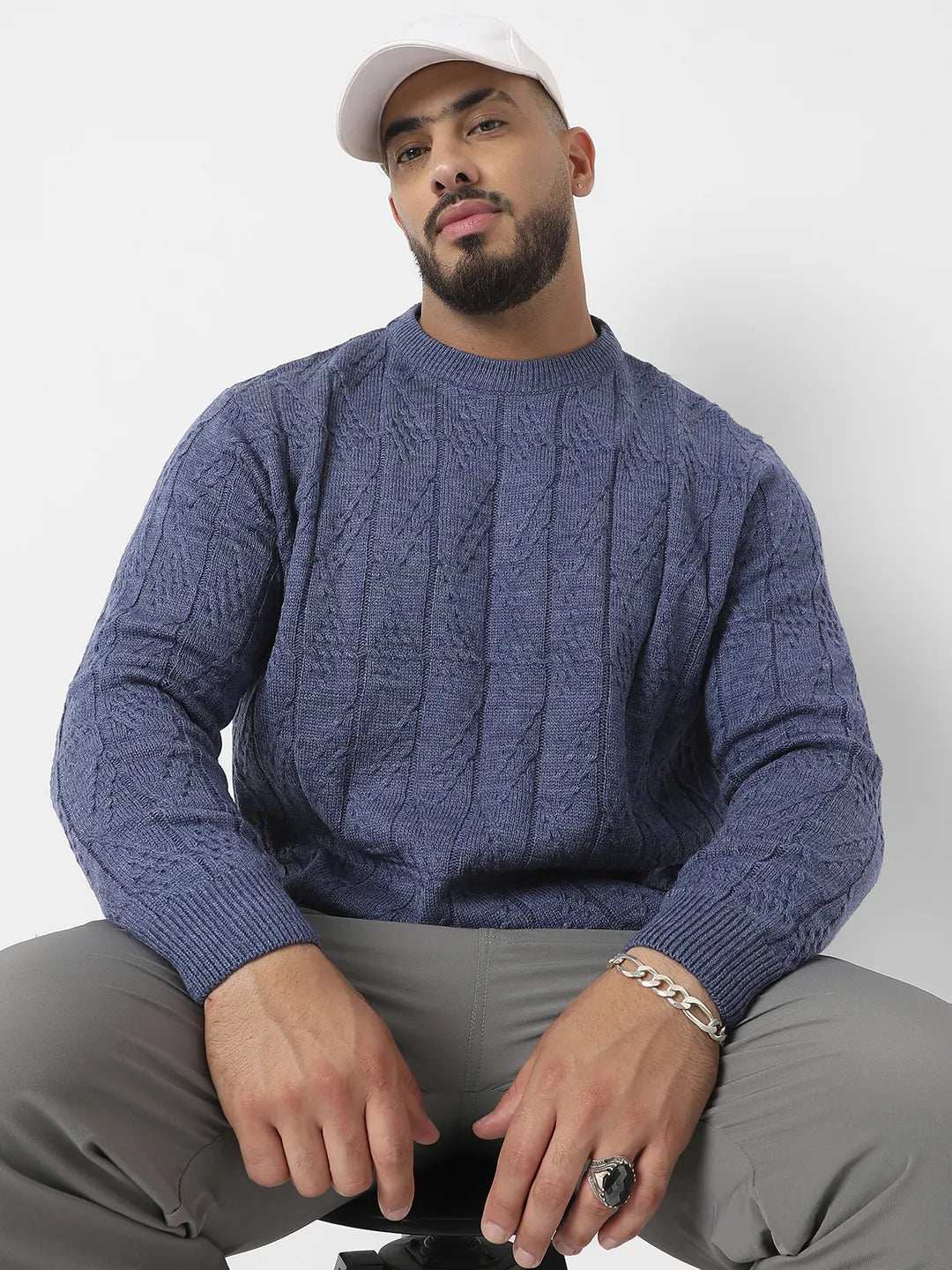 Blue Textured Knit Pullover Sweater