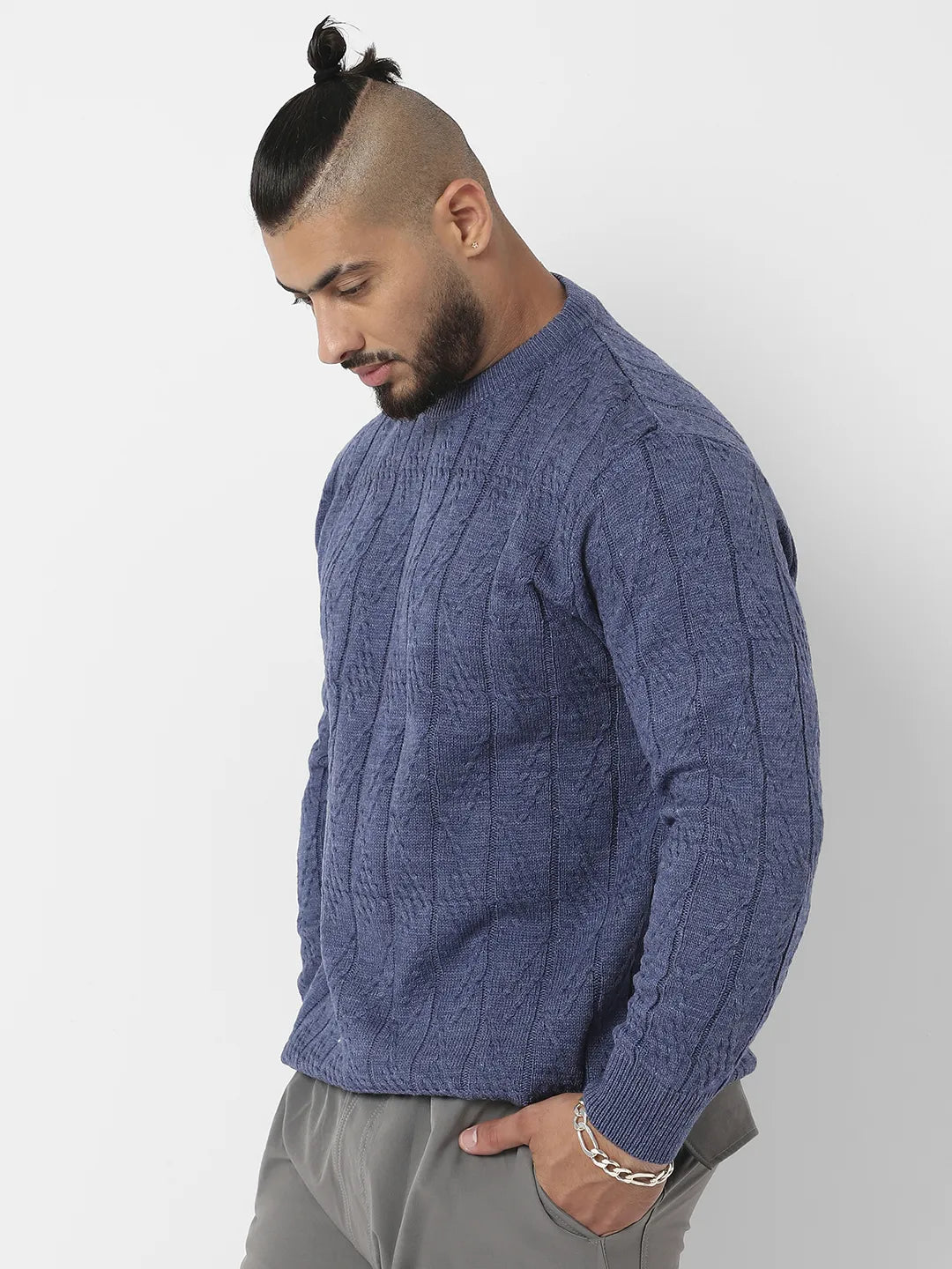 Blue Textured Knit Pullover Sweater