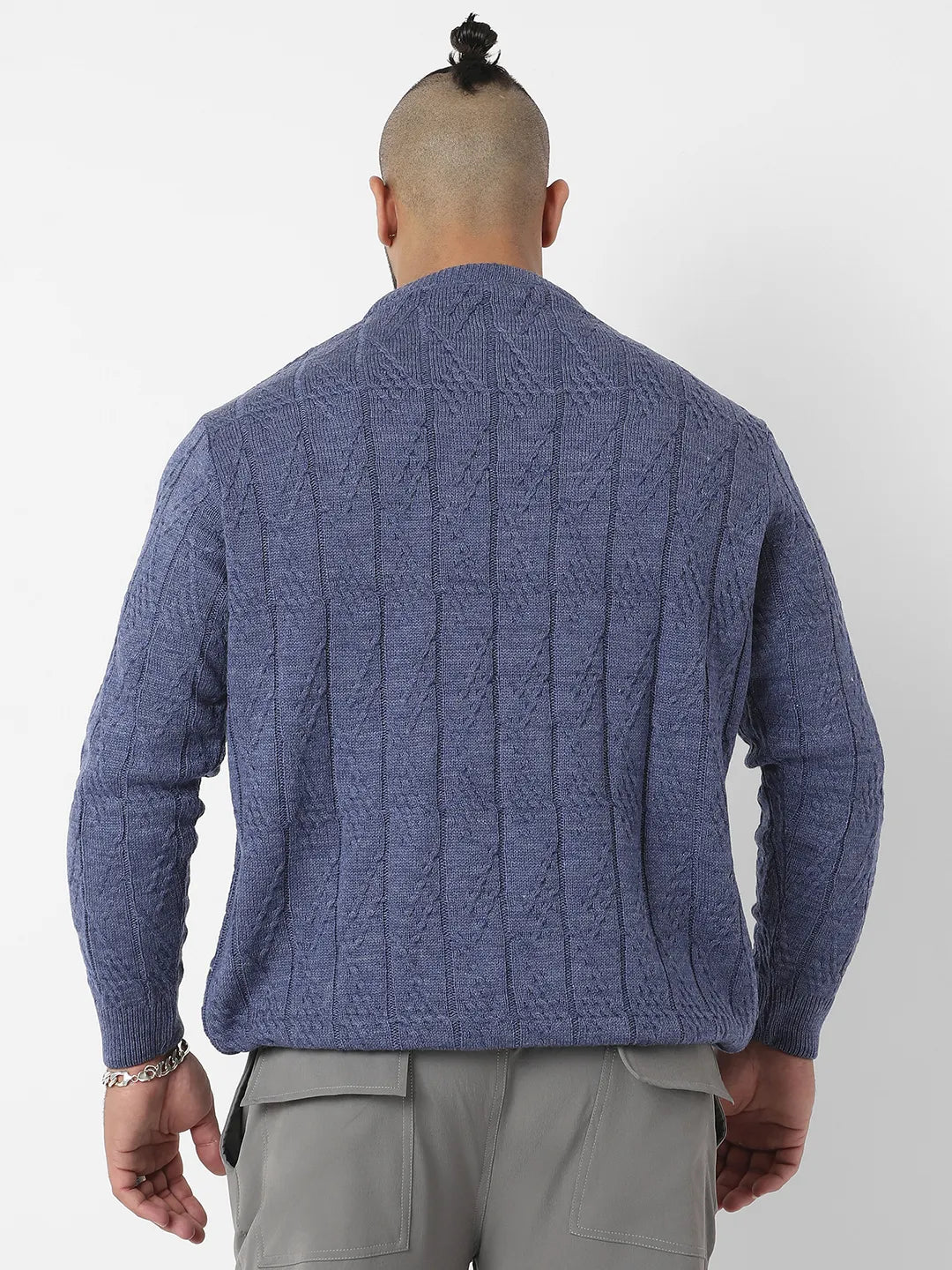 Blue Textured Knit Pullover Sweater