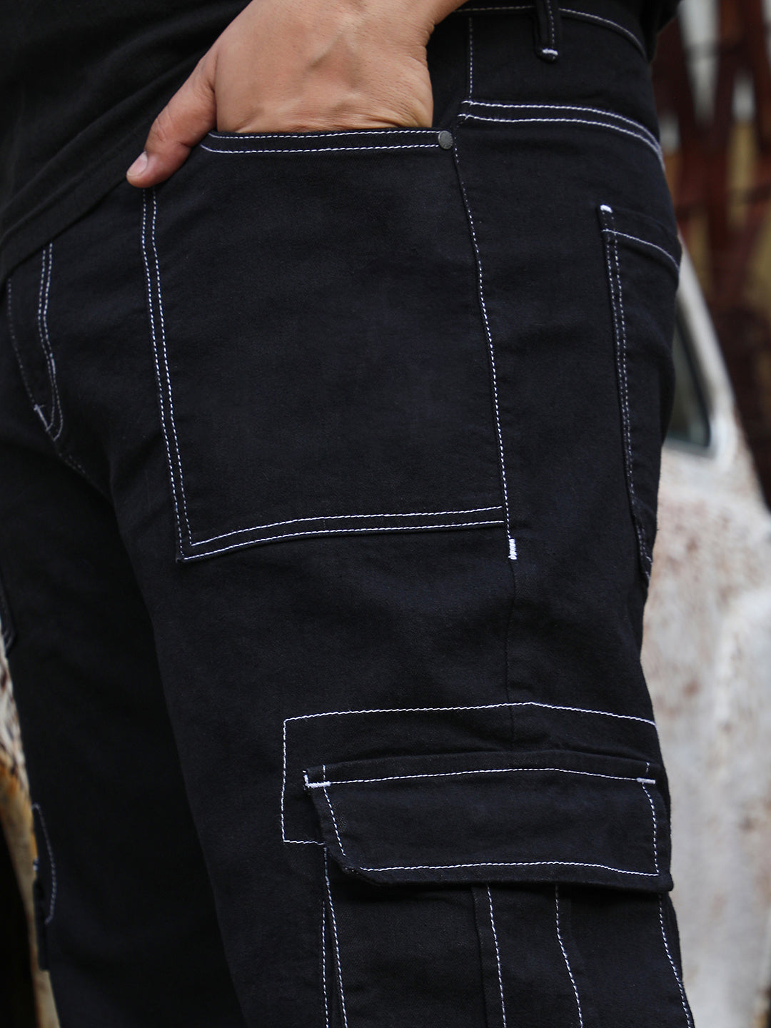 Contrast-Stitch Cargo Denim Jeans