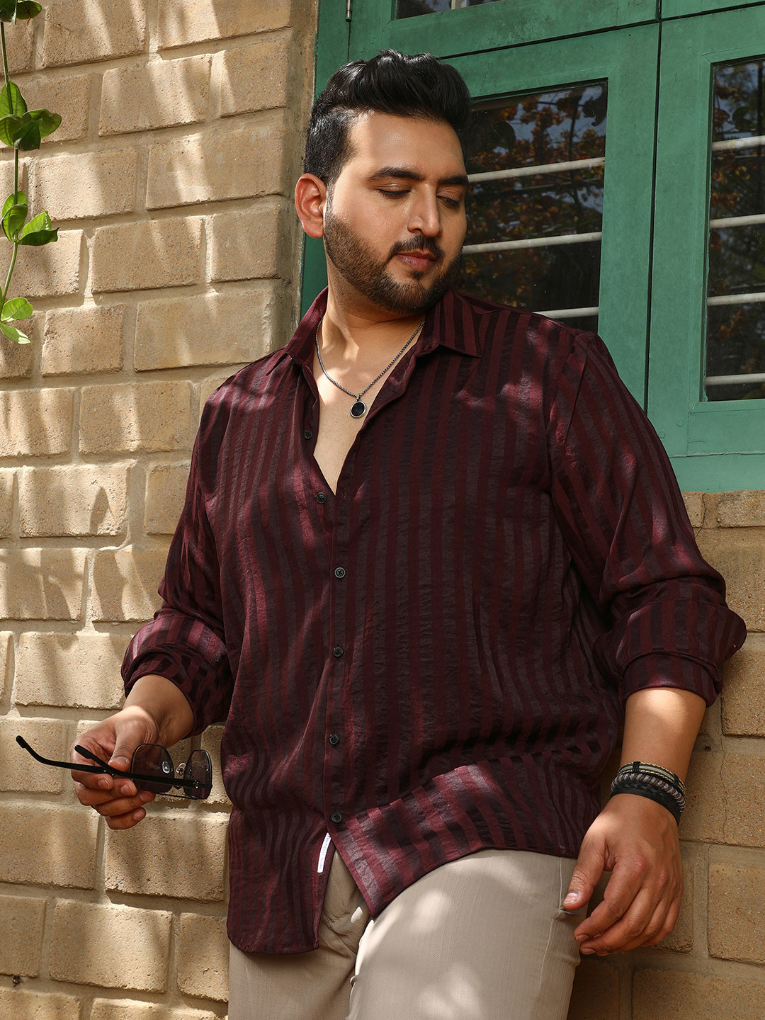 Men's Wine Red Candy-Striped Shirt