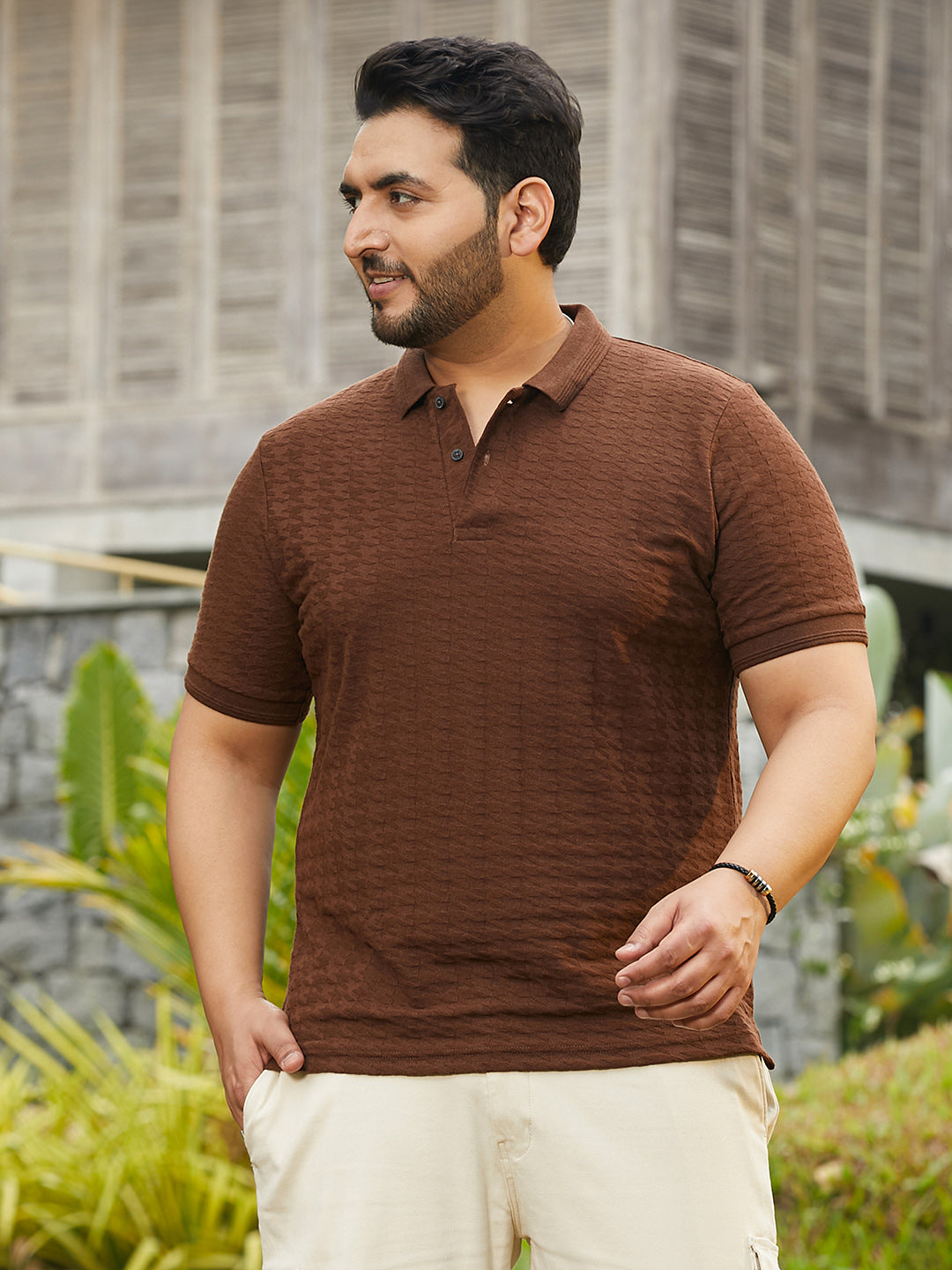 Houndstooth-Textured Polo T-Shirt