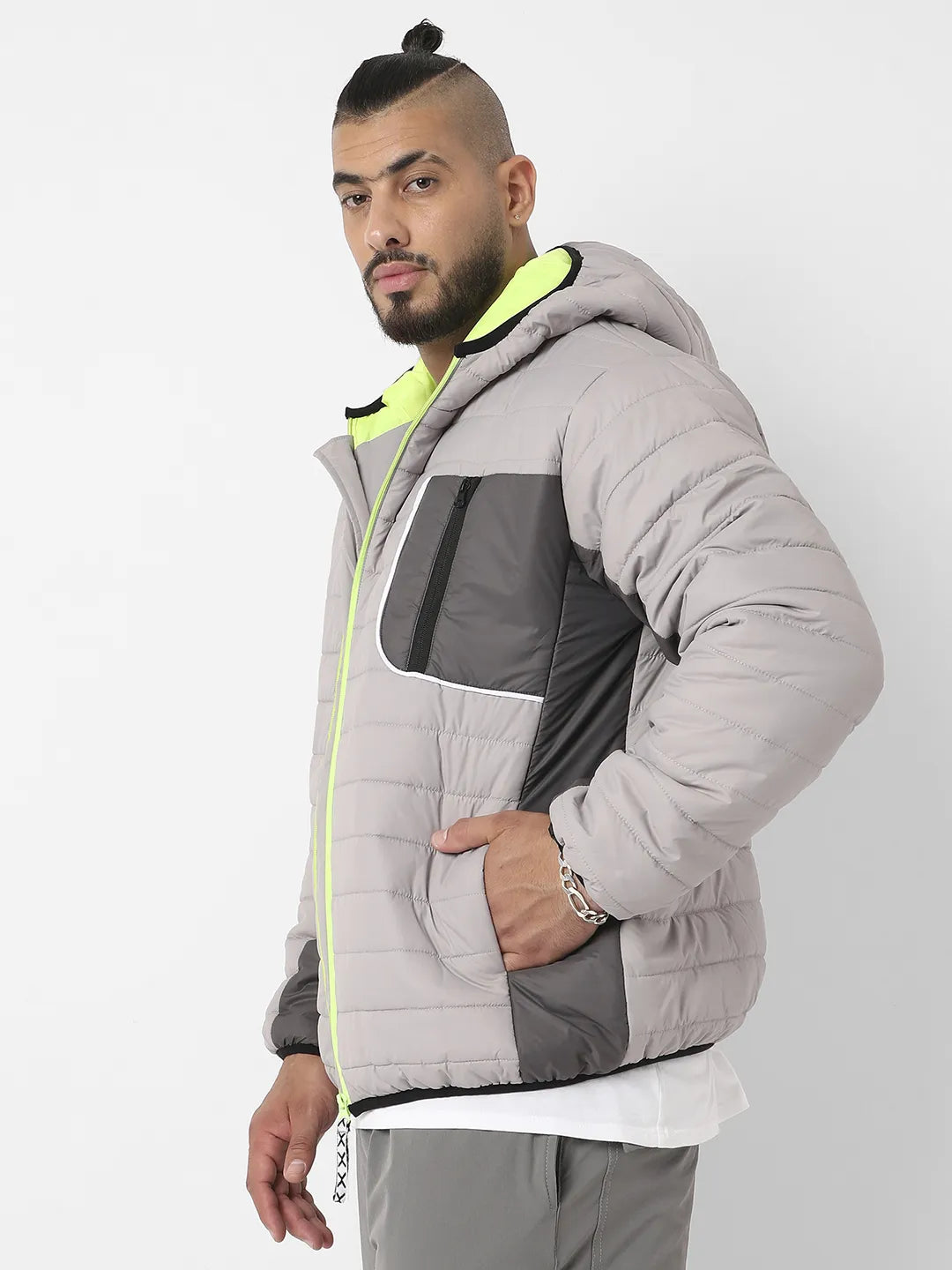 Light Grey Puffer Jacket With Contrast Zipper