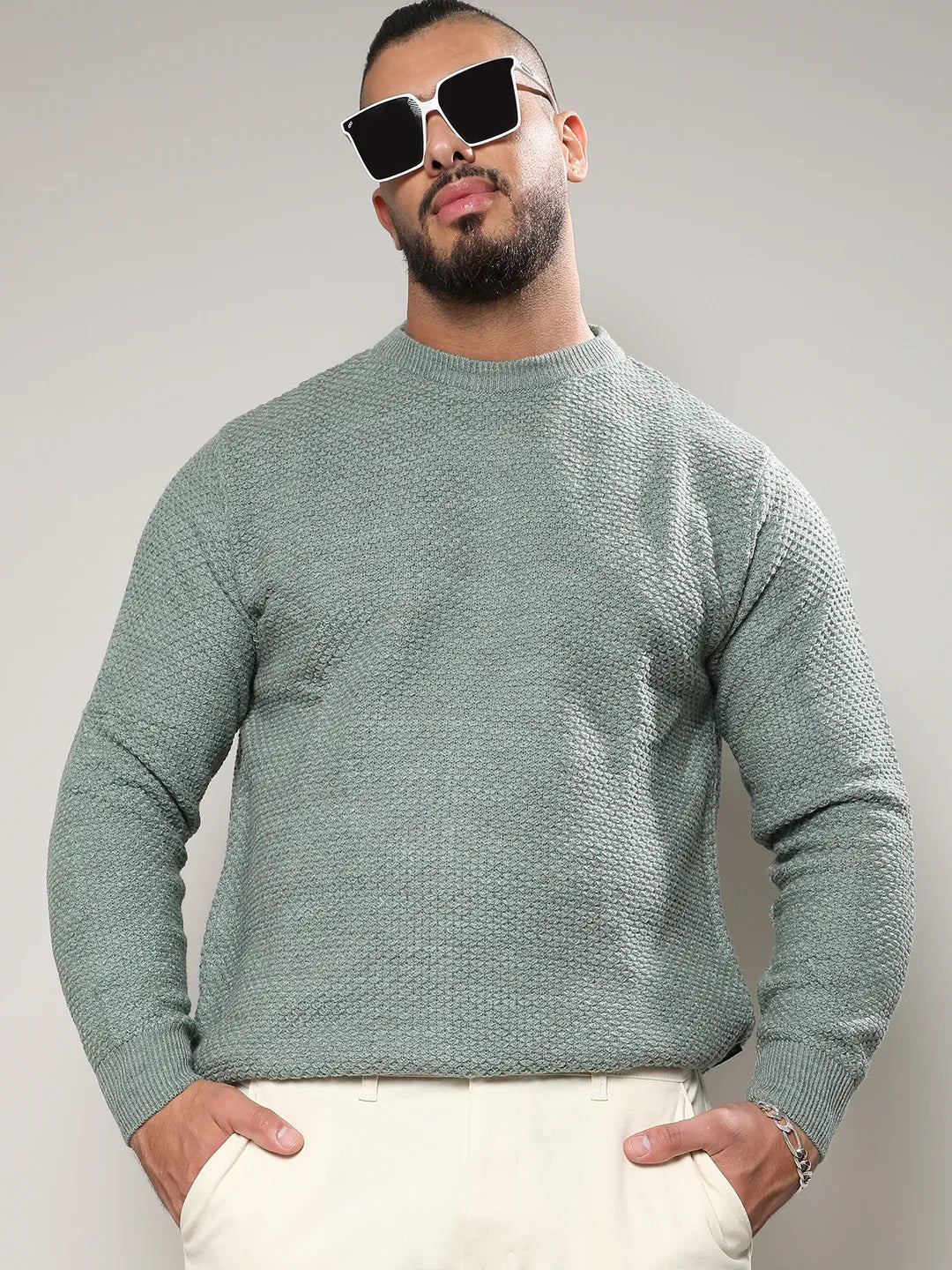 Olive Green Textured Knit Pullover Sweater