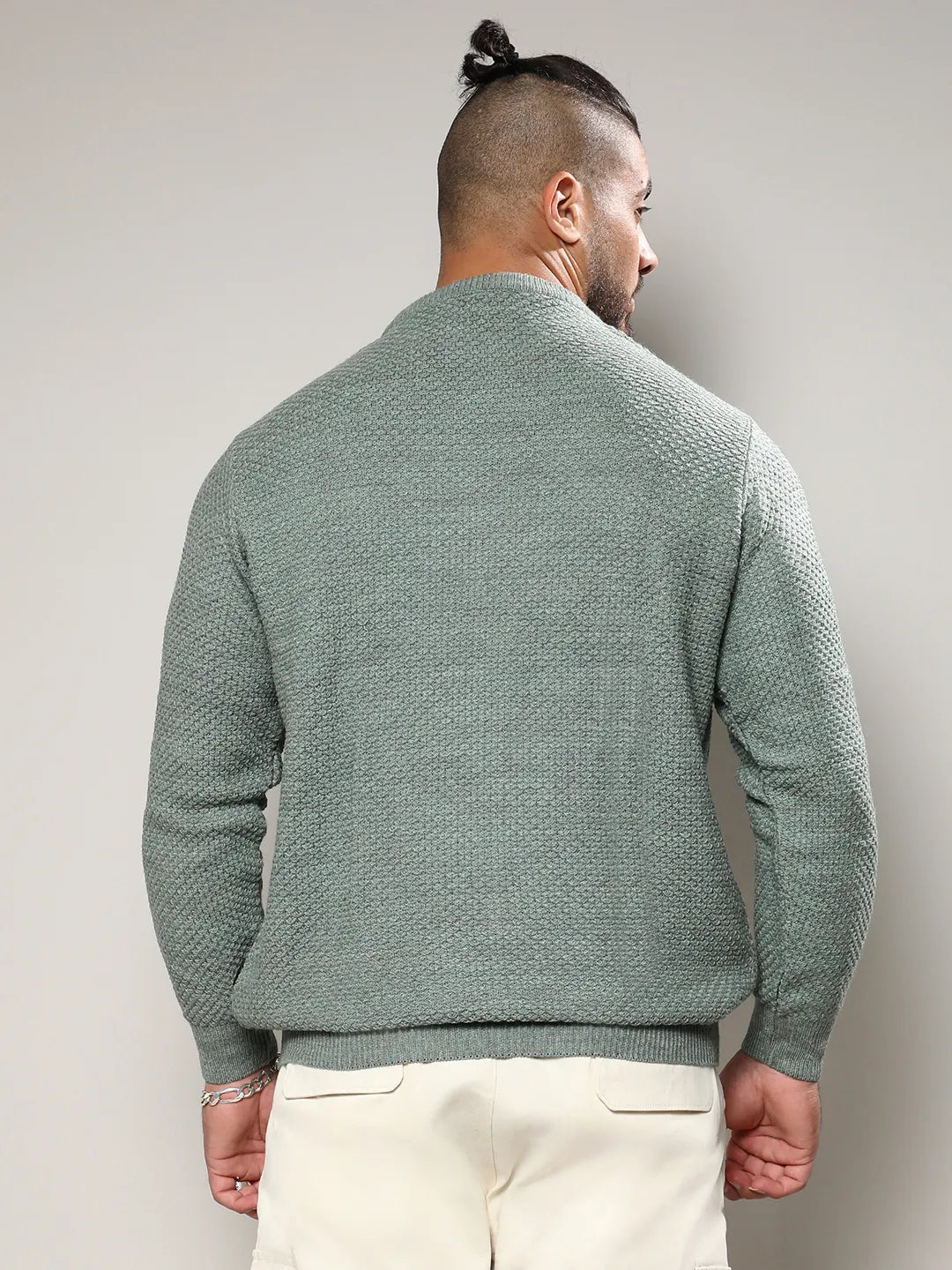 Olive Green Textured Knit Pullover Sweater