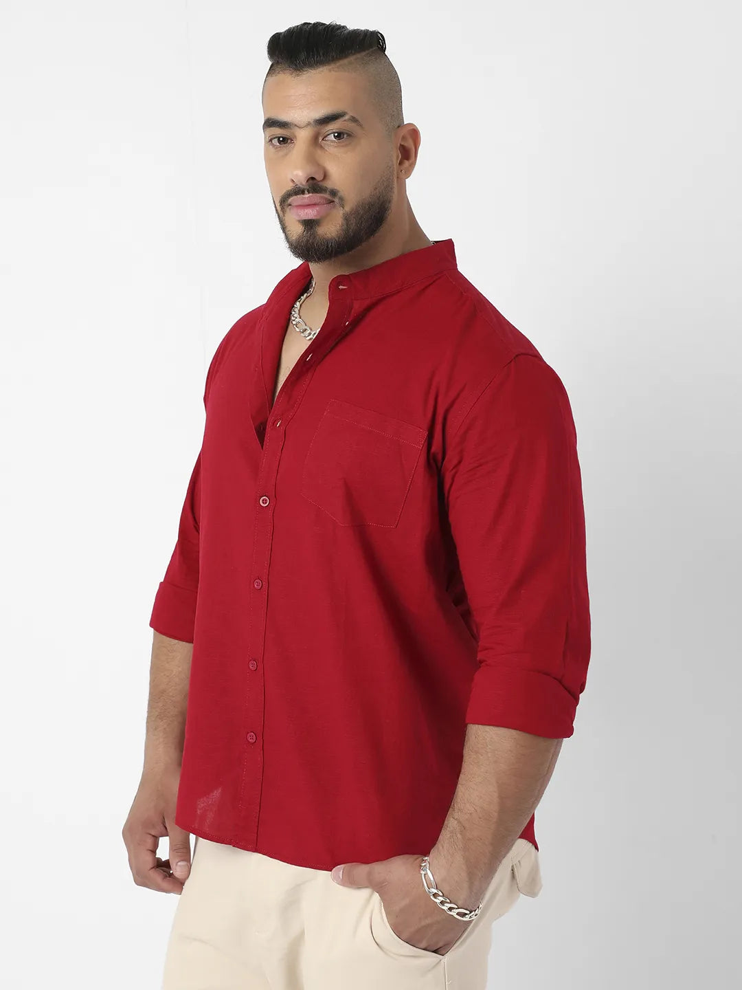 Vibrant Red Mandarin Collar Shirt