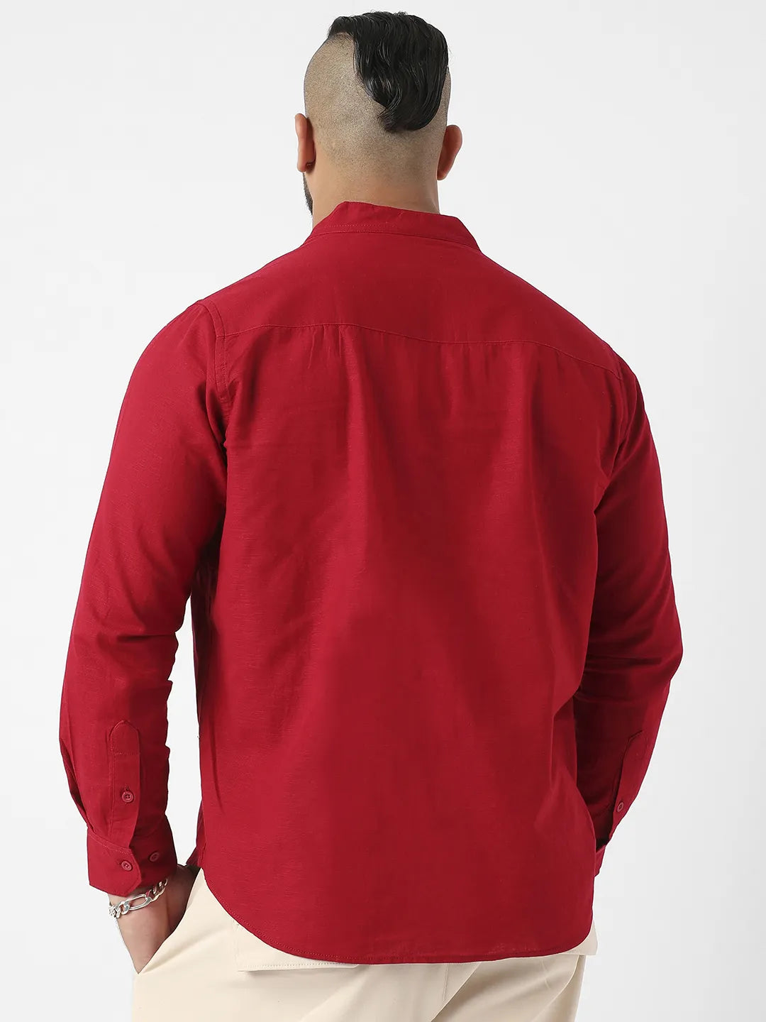 Vibrant Red Mandarin Collar Shirt