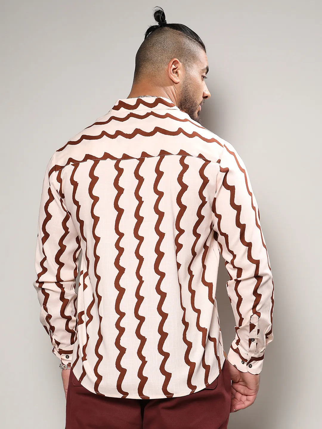 Beige & Brown Contrast Paint Lines Shirt