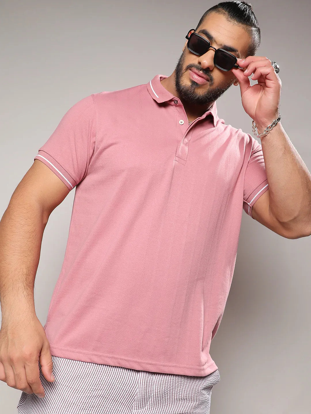 Coral Pink Self-Design Halo Striped T-Shirt