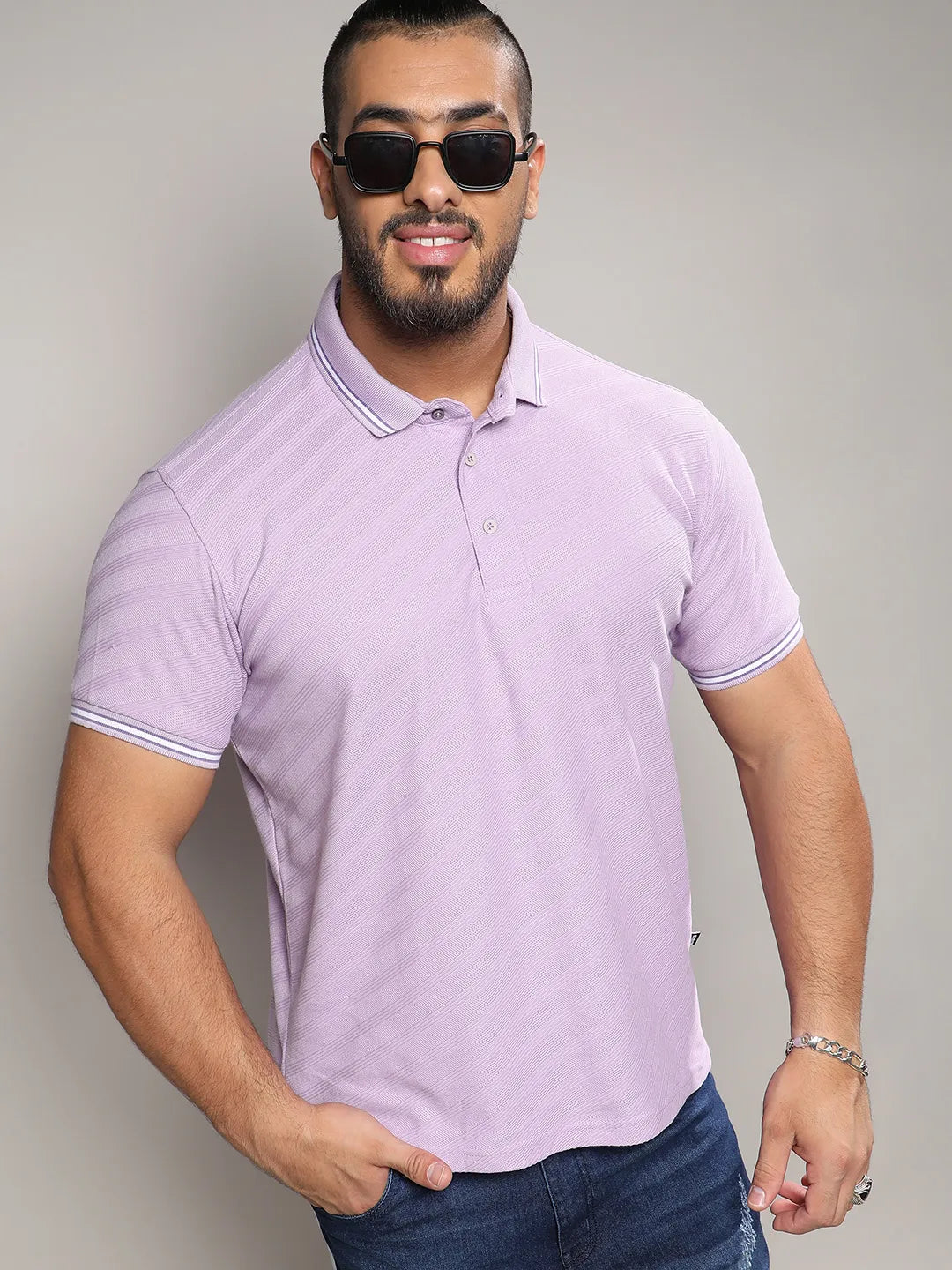 Lavender Self-Design Regimental Striped T-Shirt