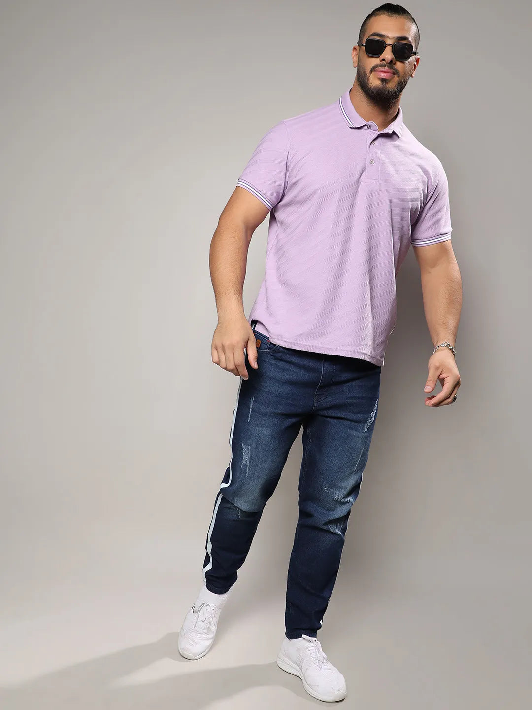 Lavender Self-Design Regimental Striped T-Shirt