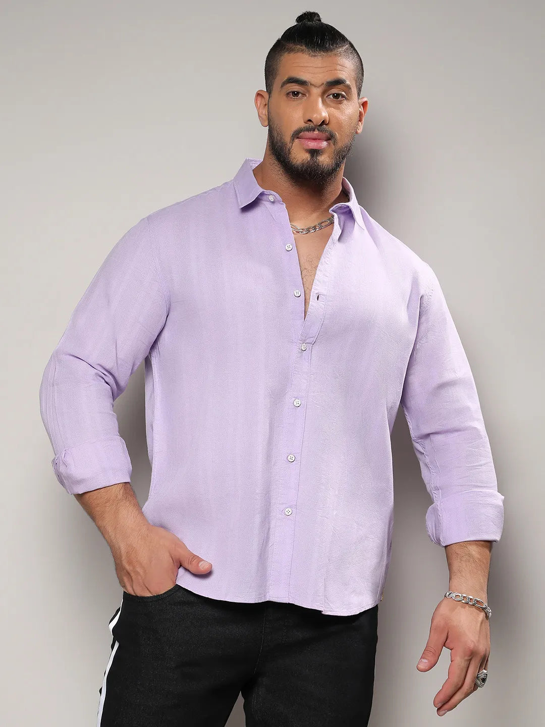 Lavender Self-Design Striped Shirt