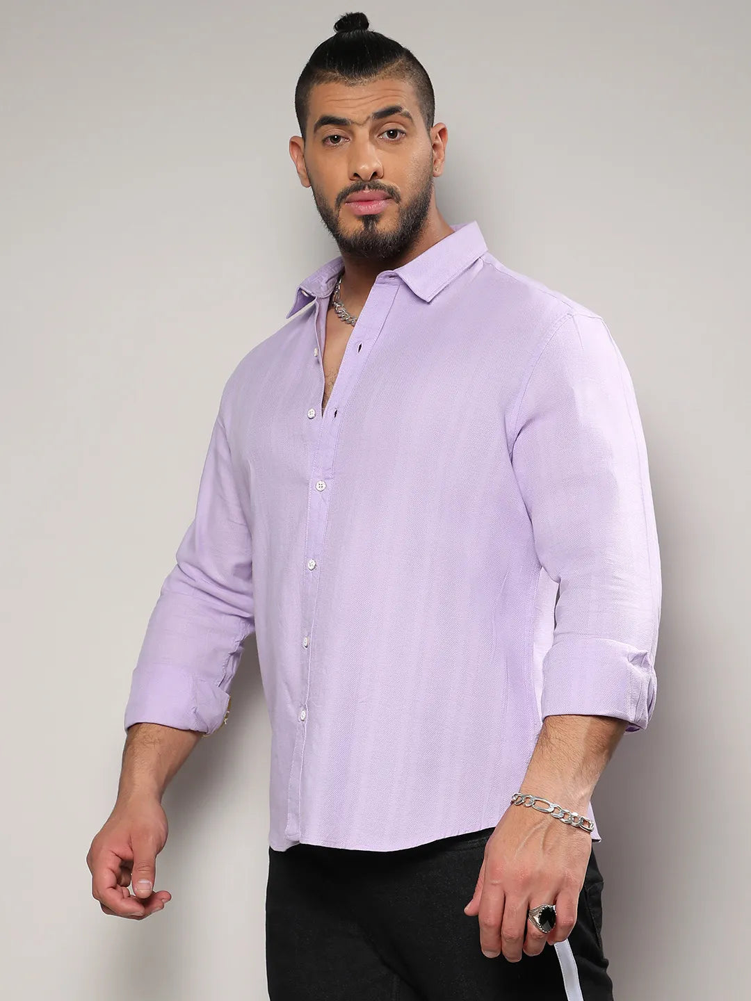 Lavender Self-Design Striped Shirt