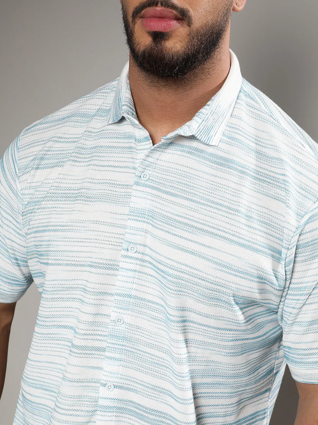 Light Blue & White Textured Horizontal Striped Shirt