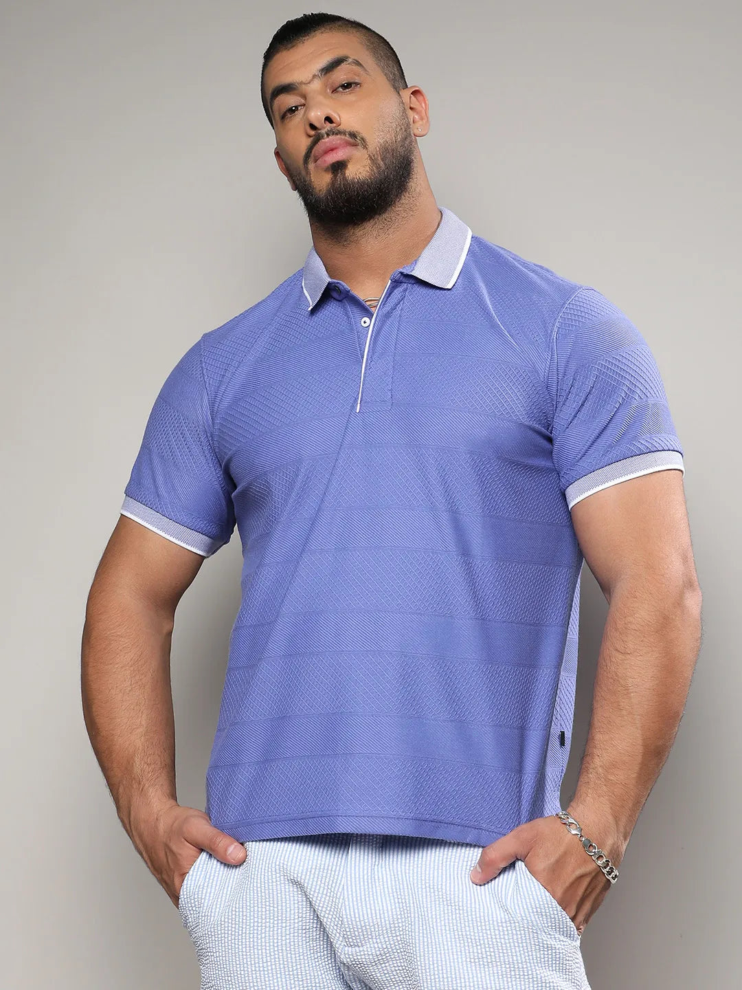 Lilac Self-Design Horizontal Striped T-Shirt