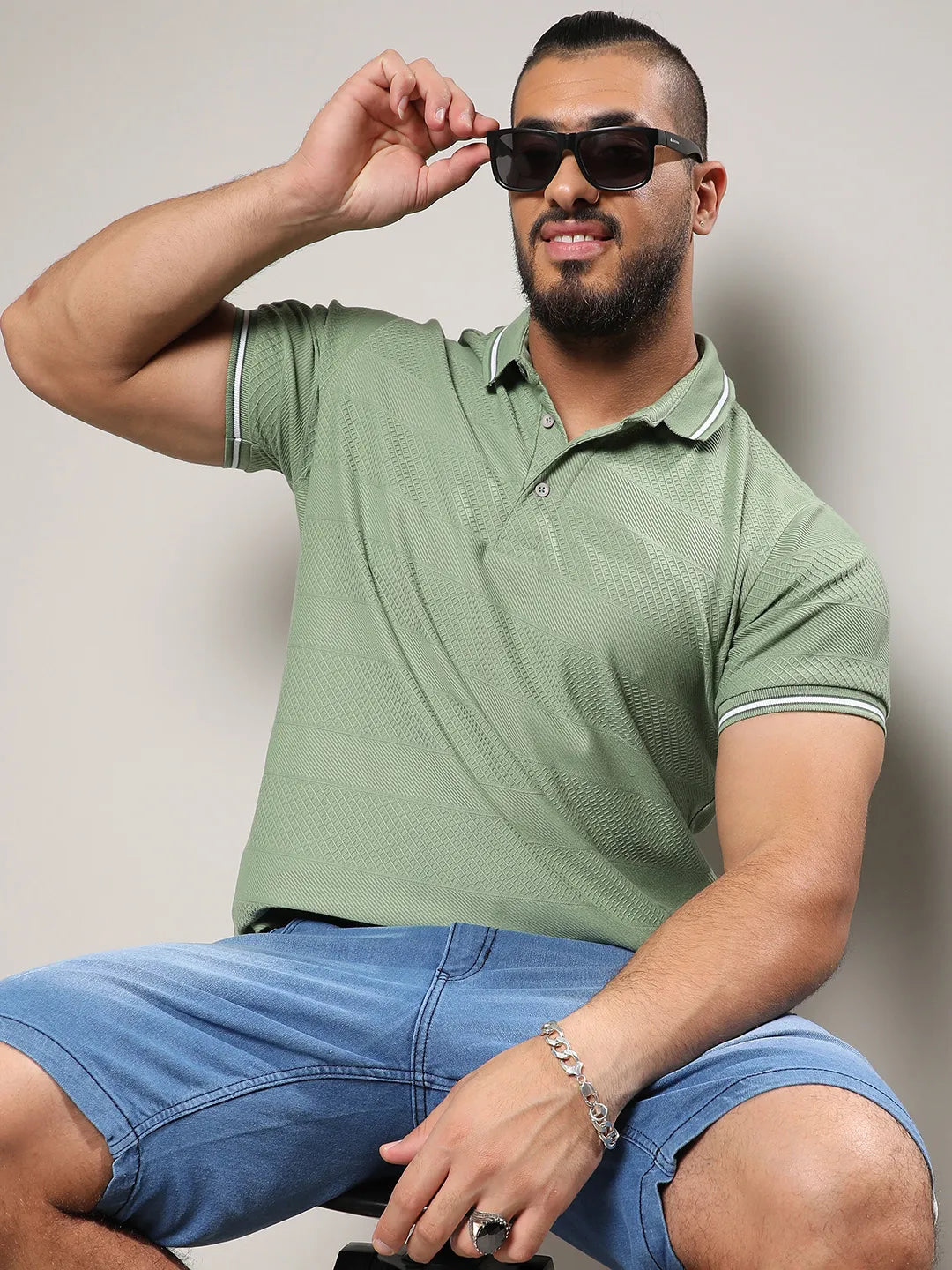 Olive Green Self-Design Horizontal Striped T-Shirt