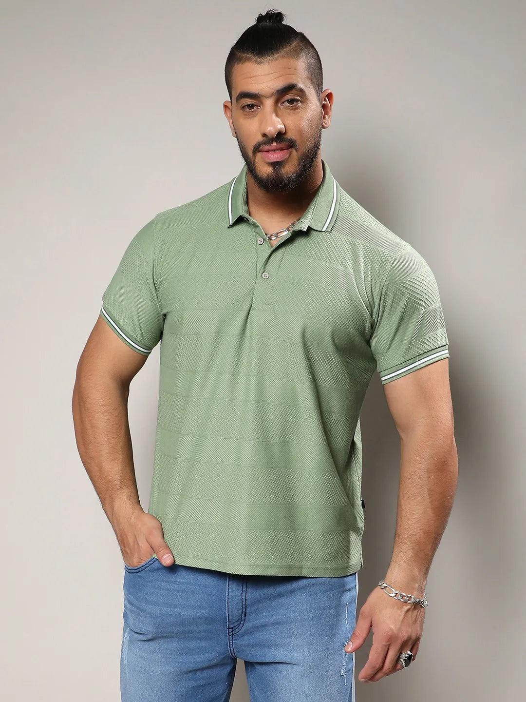 Olive Green Self-Design Horizontal Striped T-Shirt