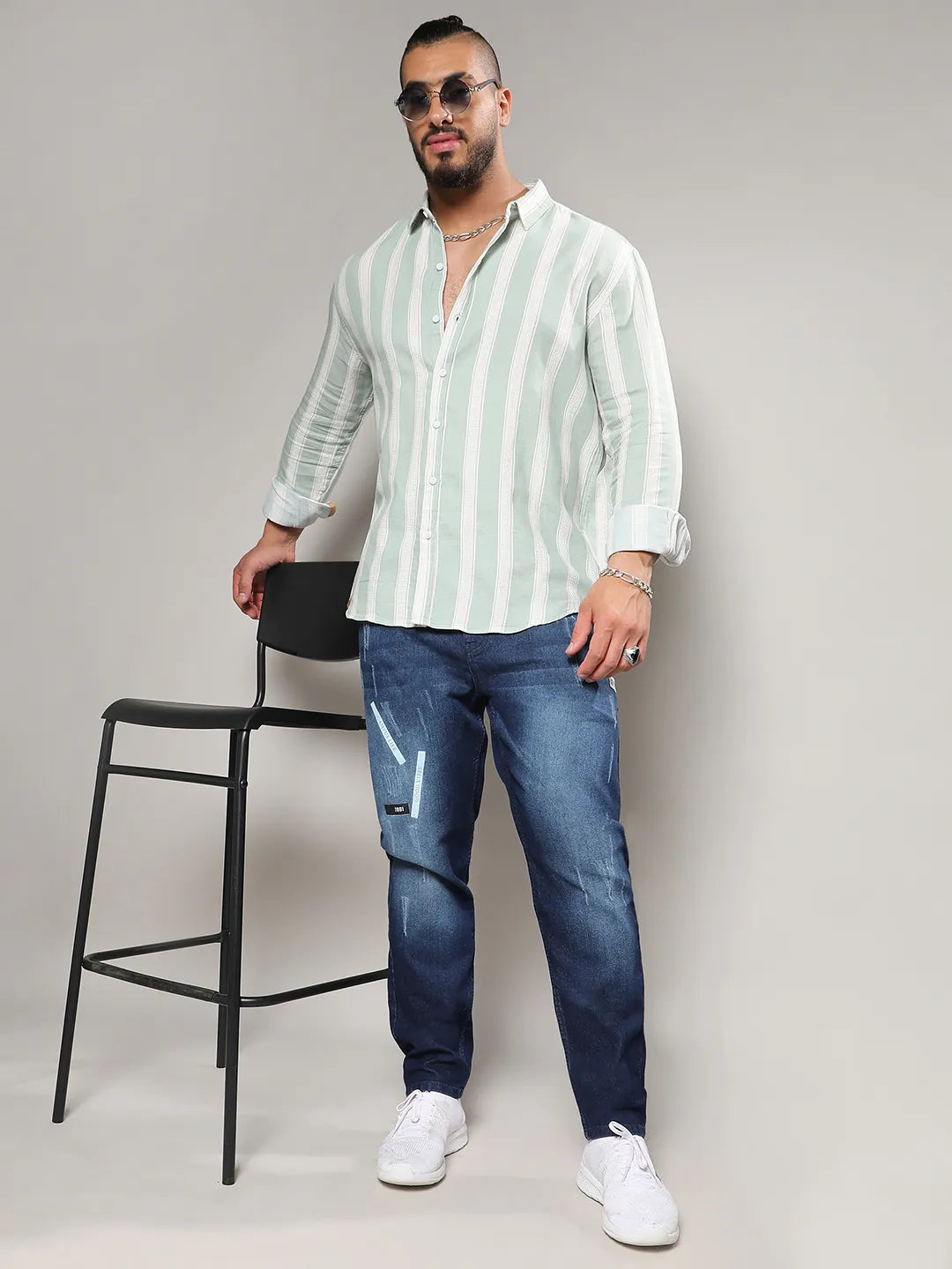 Sage Green & White Contrast Club Striped Shirt