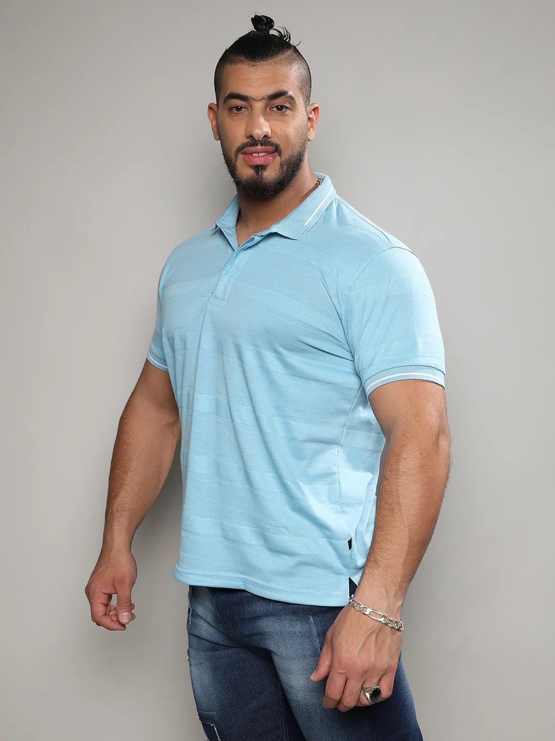 Sky Blue Self-Design Horizontal Striped T-Shirt