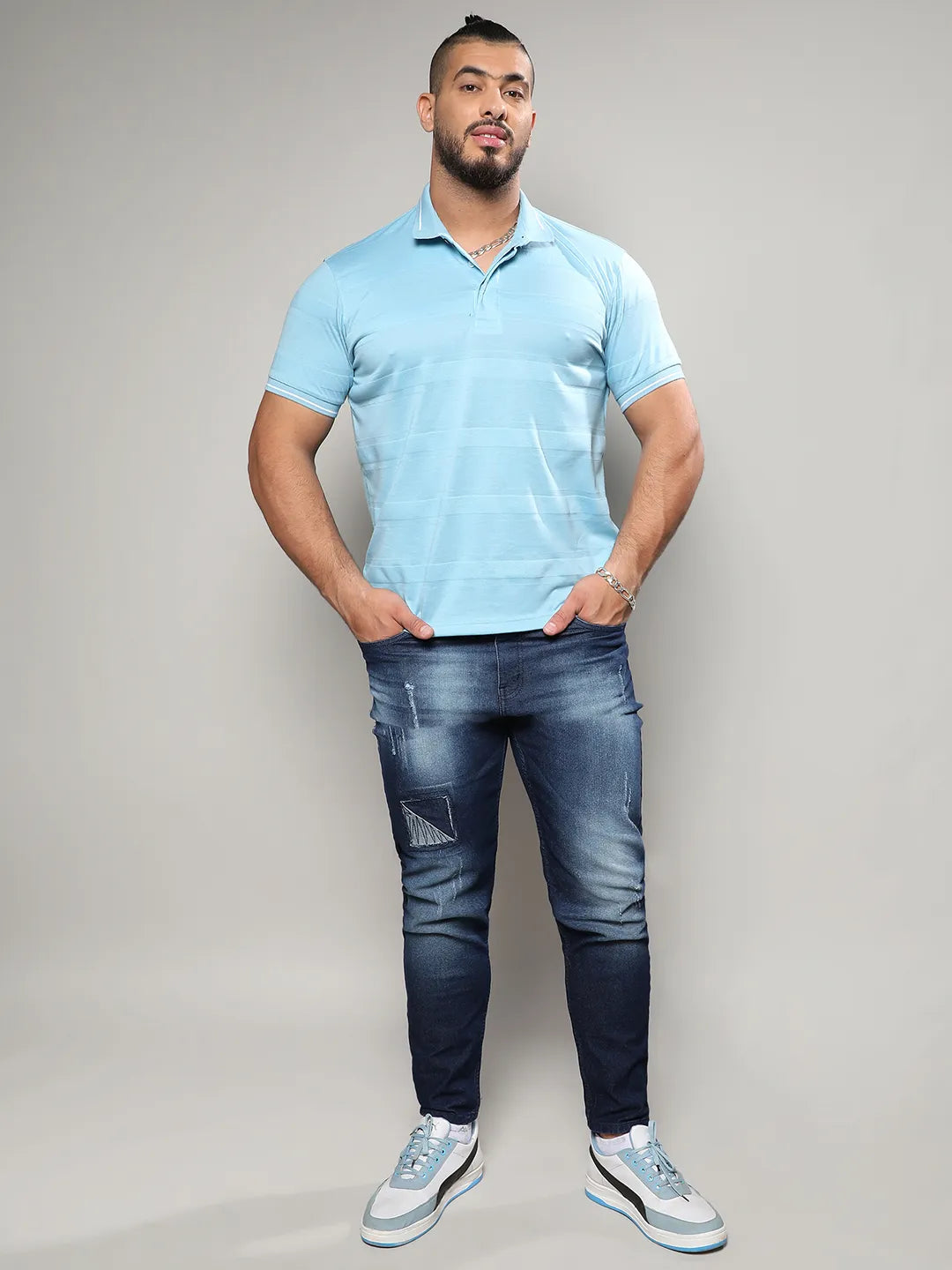 Sky Blue Self-Design Horizontal Striped T-Shirt