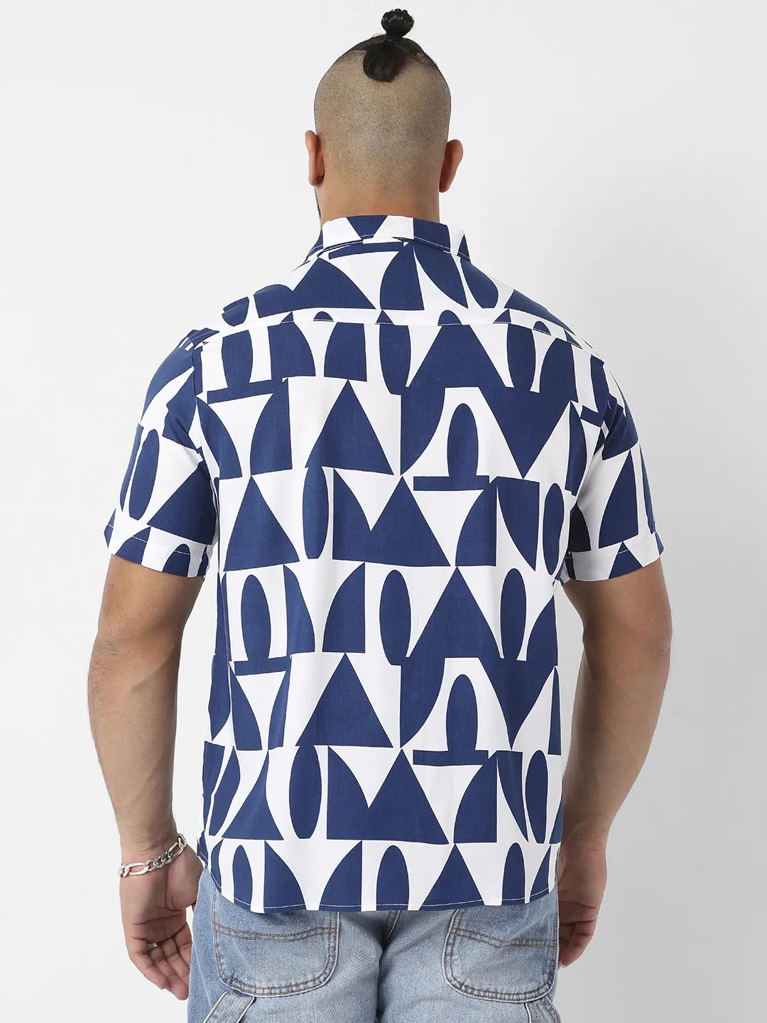 White & Indigo Blue Geometric Block Shirt