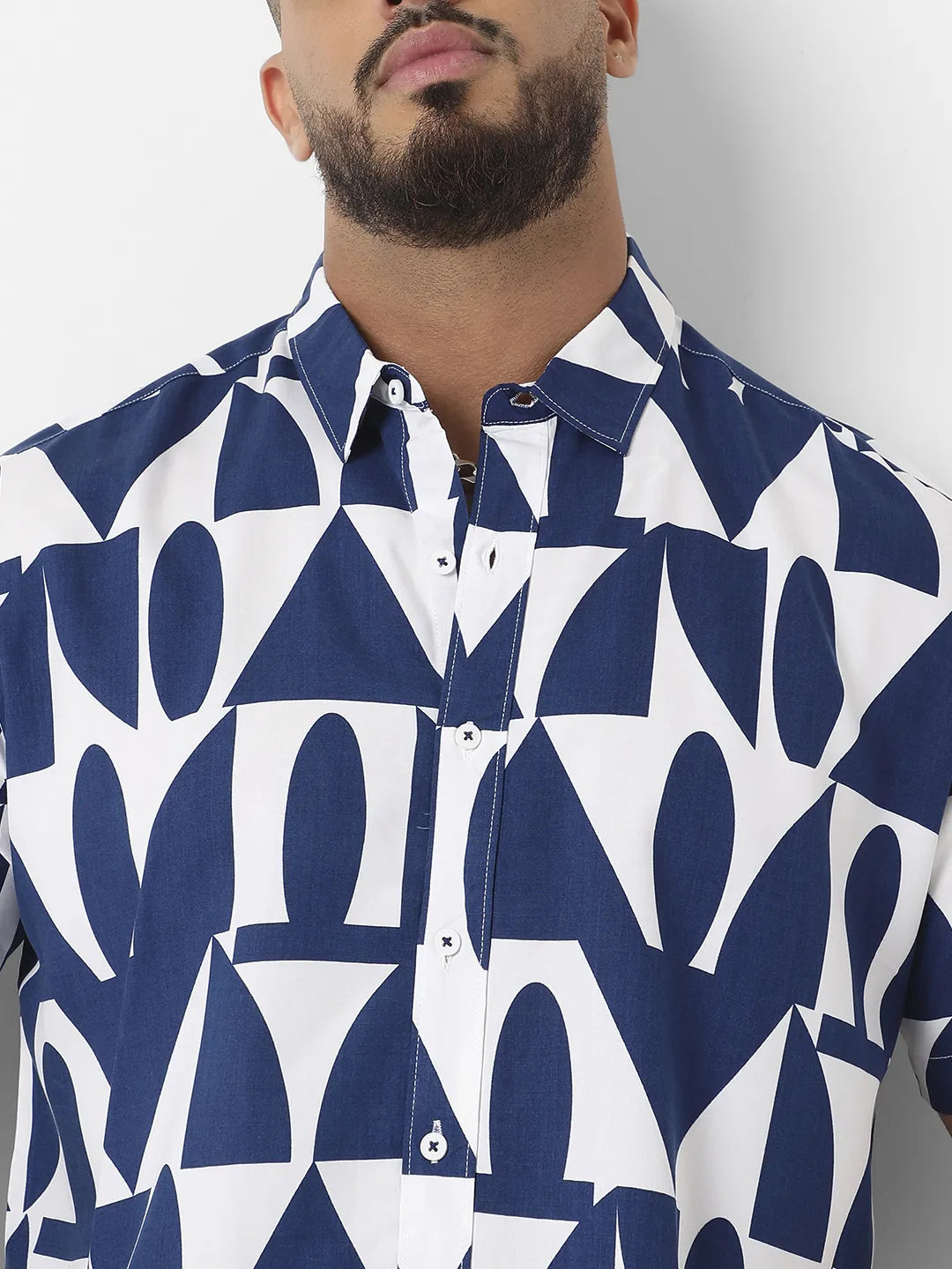 White & Indigo Blue Geometric Block Shirt