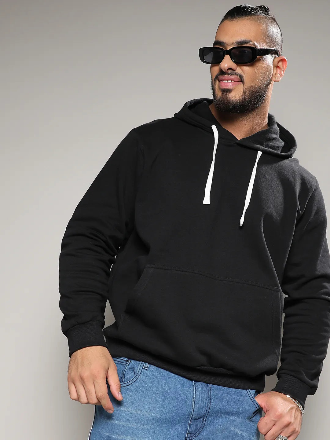 Black Pullover Hoodie With Contrast Drawstring