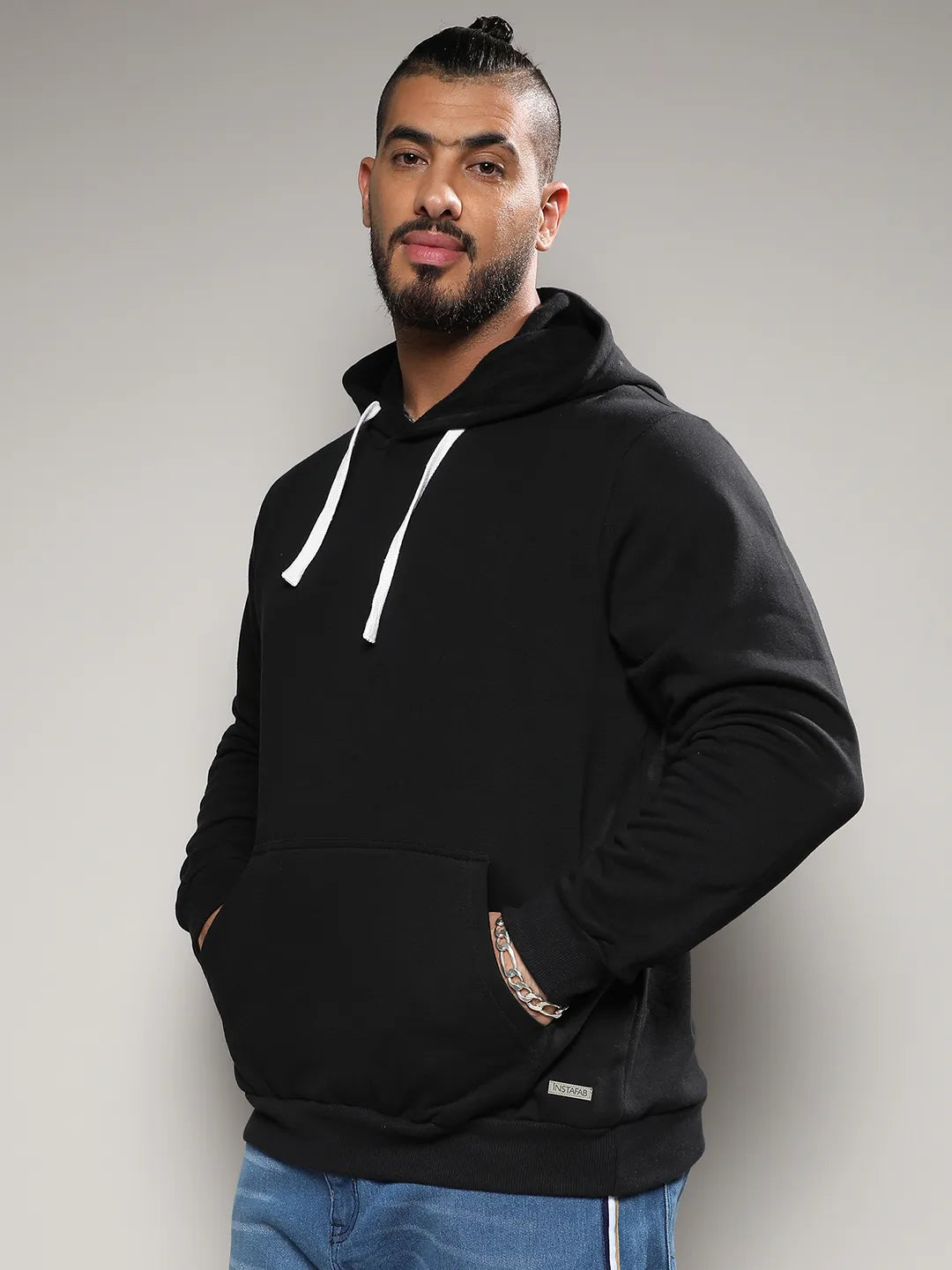 Black Pullover Hoodie With Contrast Drawstring