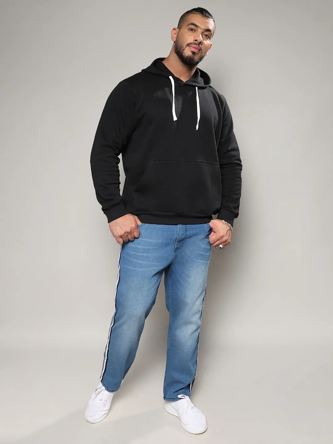 Black Pullover Hoodie With Contrast Drawstring