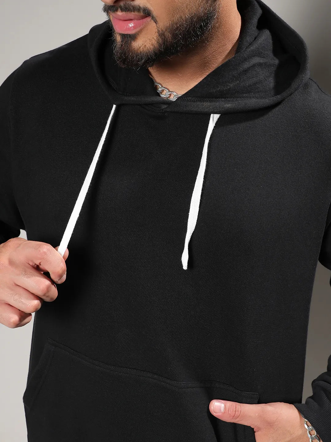 Black Pullover Hoodie With Contrast Drawstring