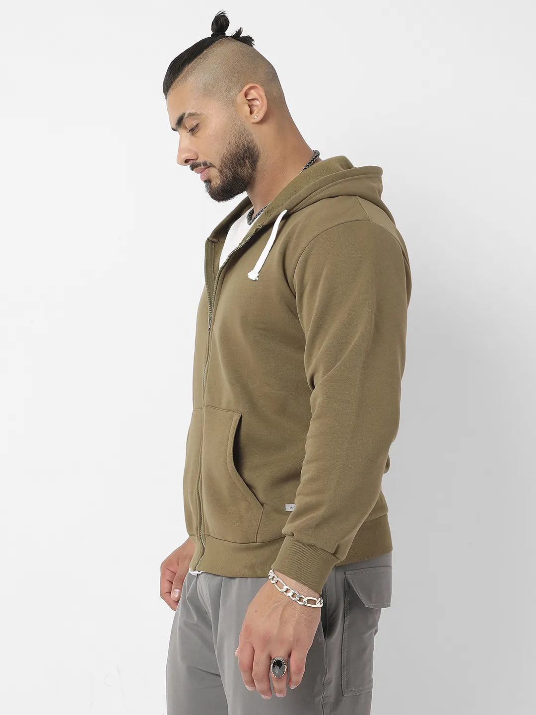 Olive Green Zip-Front Hoodie With Contrast Drawstring