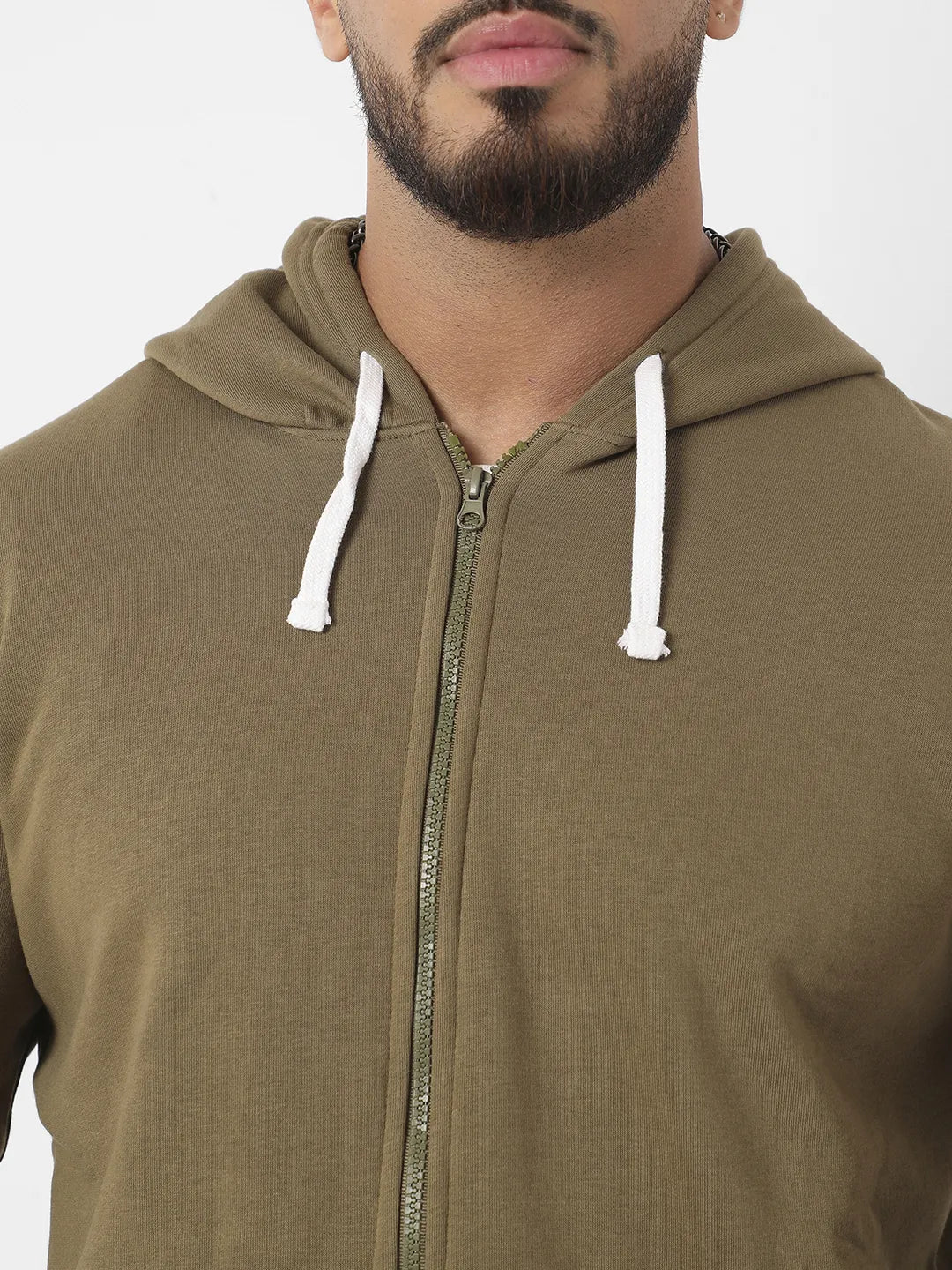 Olive Green Zip-Front Hoodie With Contrast Drawstring