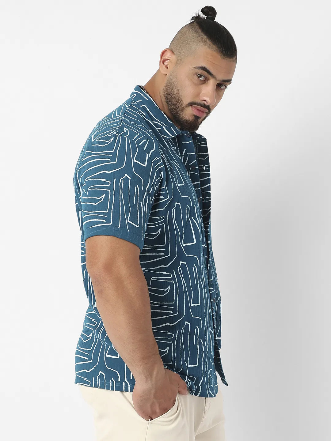 Teal Blue Abstract Lines Print Shirt