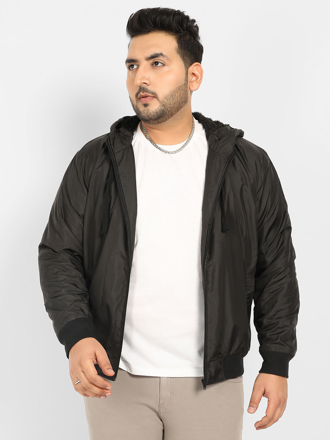 Black Zip-Front Puffer Jacket With Ribbed Hem