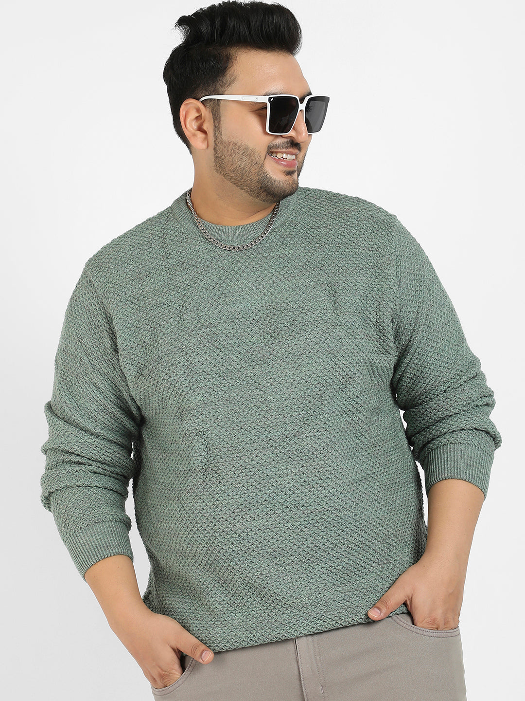 Olive Green Textured Knit Pullover Sweater