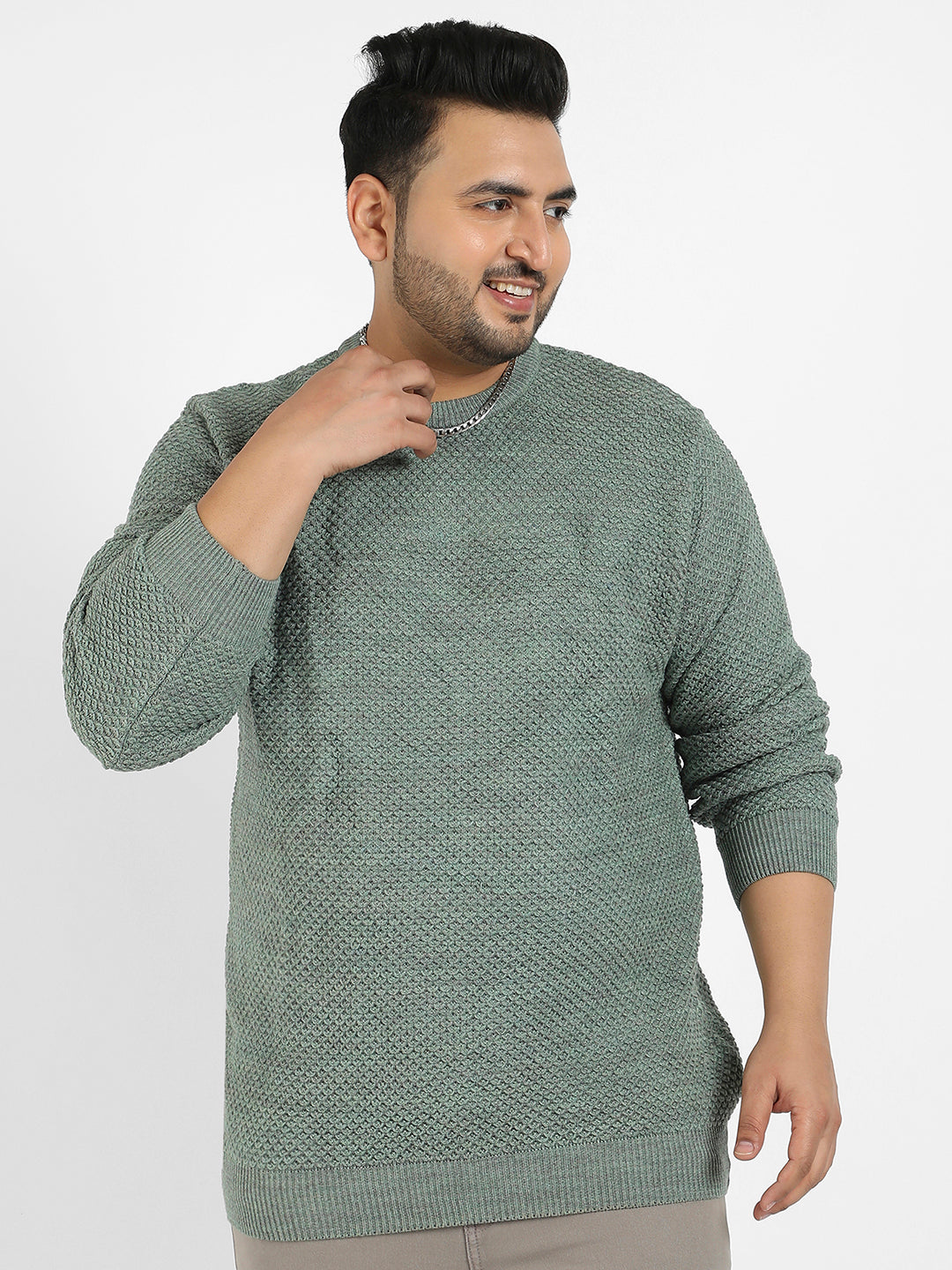 Olive Green Textured Knit Pullover Sweater