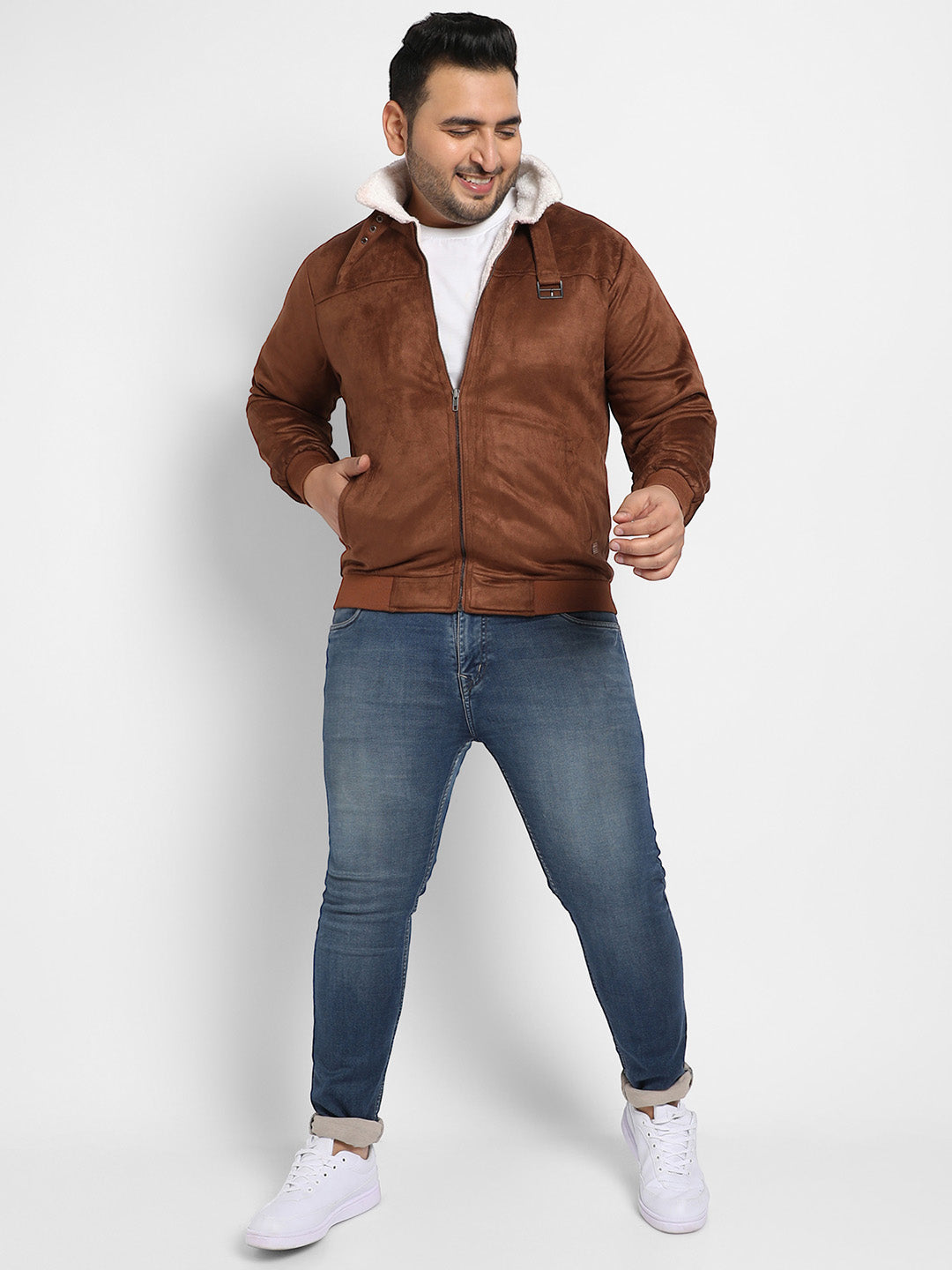Brown Zip-Front Jacket With Fleece Detail