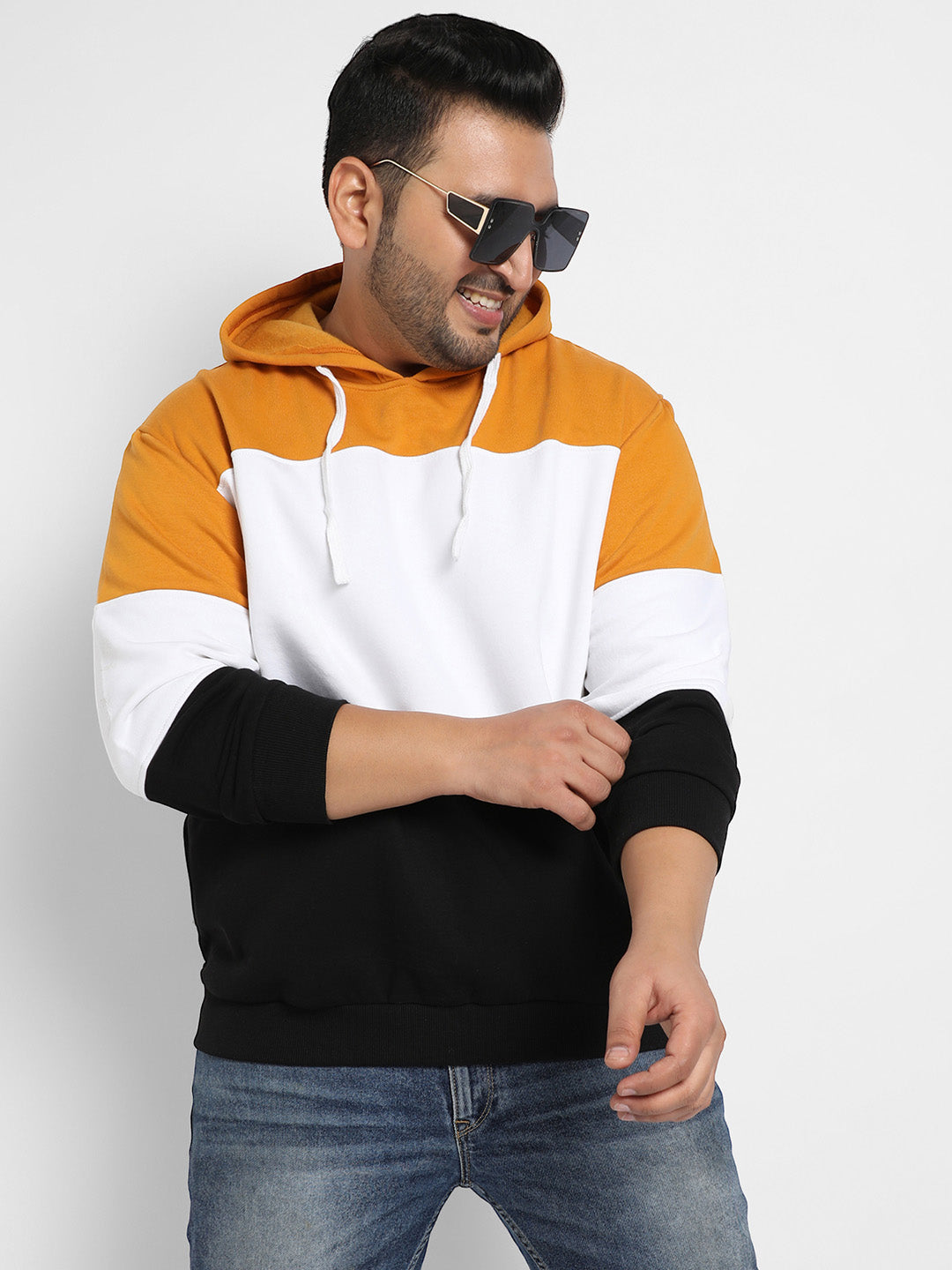 Multicolour Contrast Panel Hoodie With Ribbed Hem