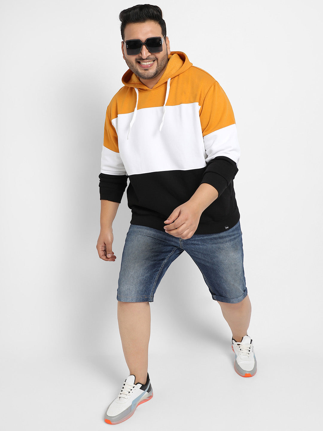 Multicolour Contrast Panel Hoodie With Ribbed Hem