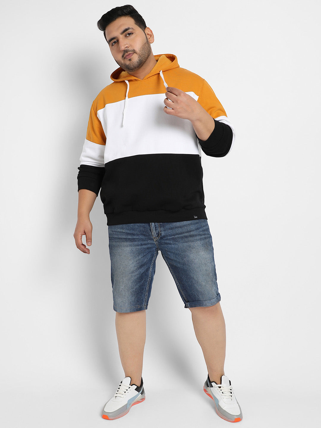 Multicolour Contrast Panel Hoodie With Ribbed Hem