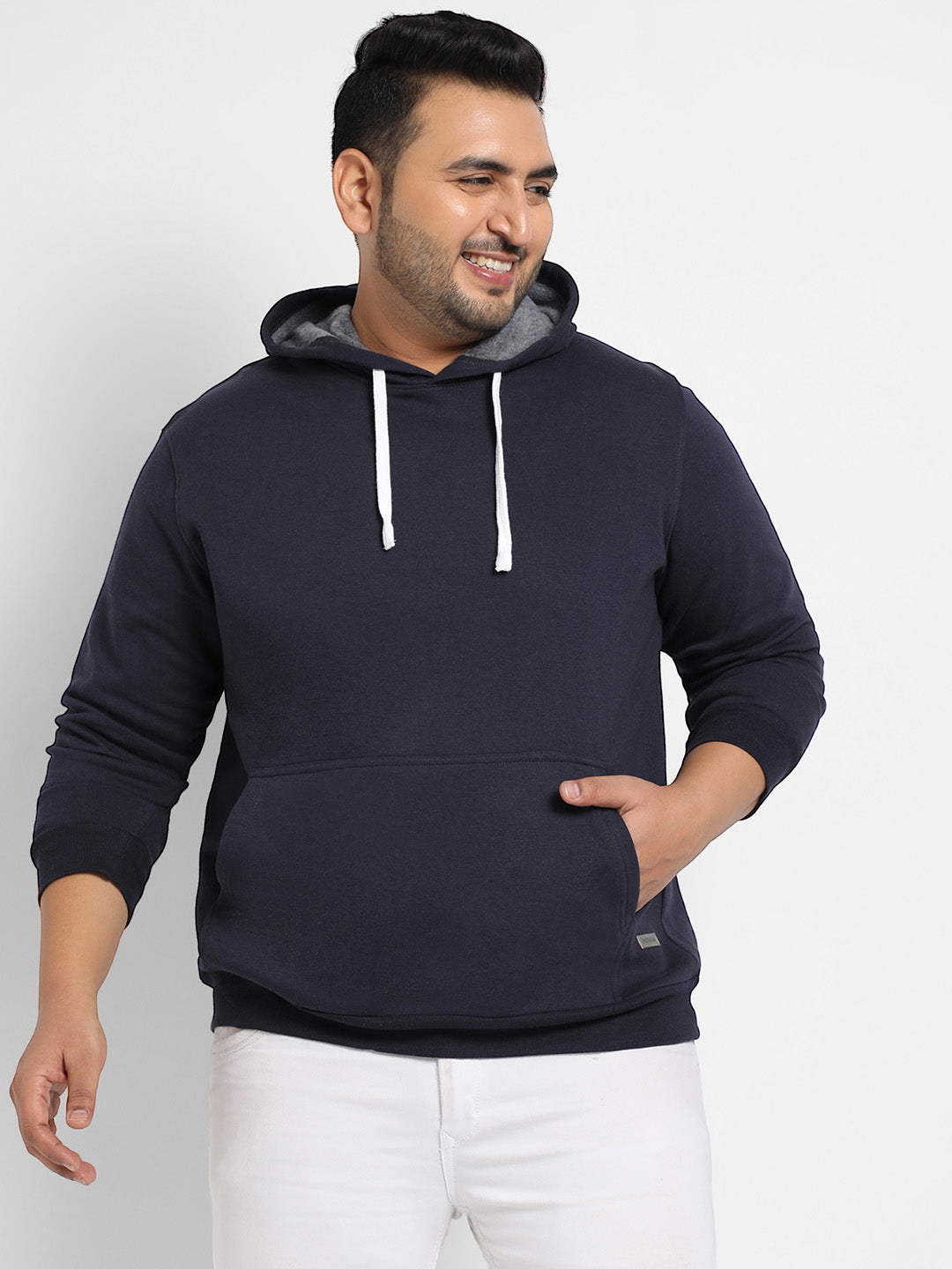 Navy Blue Pullover Hoodie With Contrast Drawstring