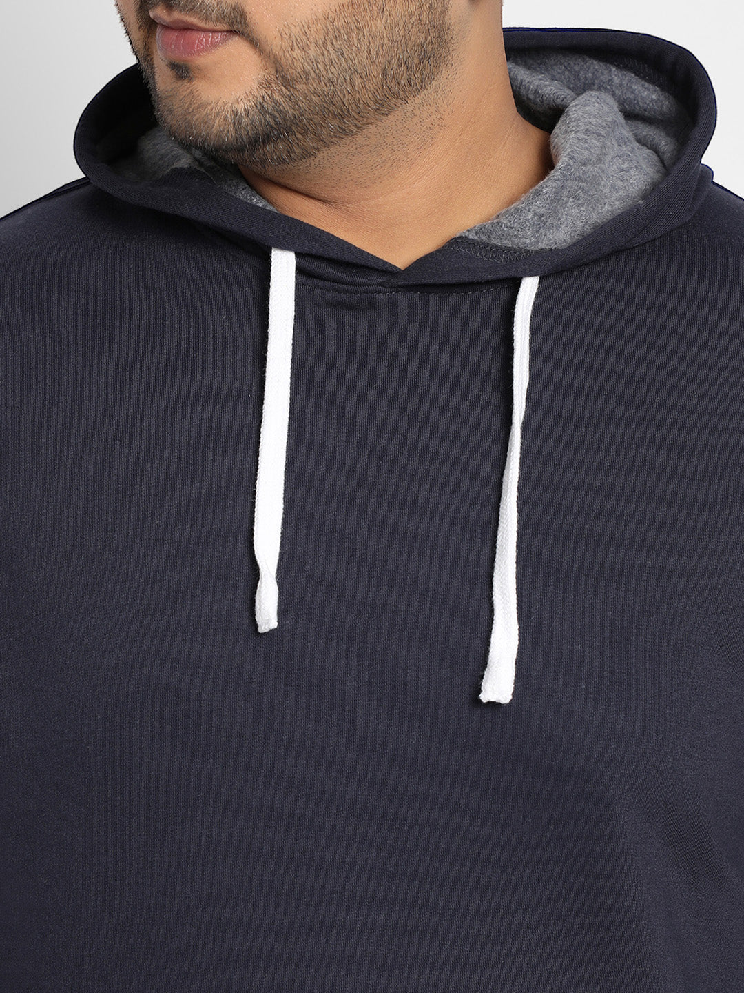 Plus Size Men's Navy Blue Pullover Hoodie With Contrast Drawstring