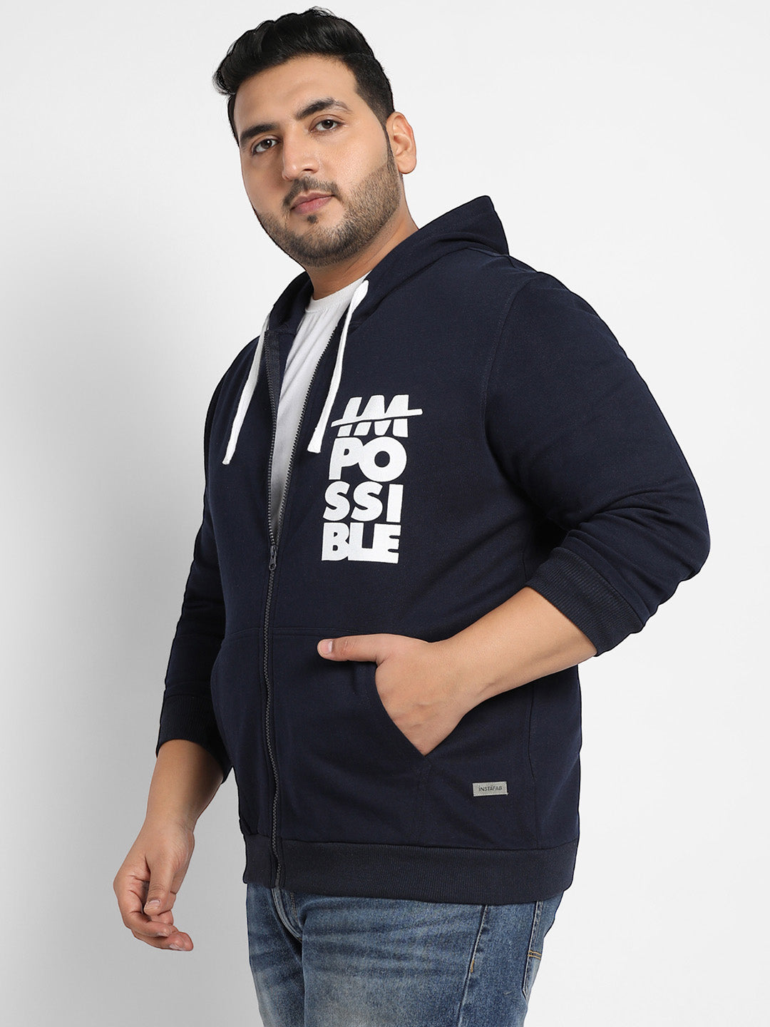 Navy Blue Zip-Front Impossible Hoodie With Contrast Drawstring