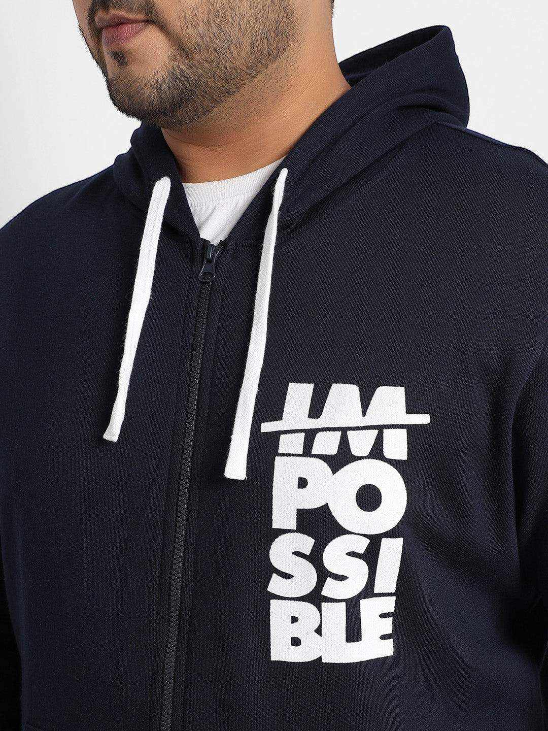 Plus Size Men's Navy Blue Zip-Front Impossible Hoodie With Contrast Drawstring